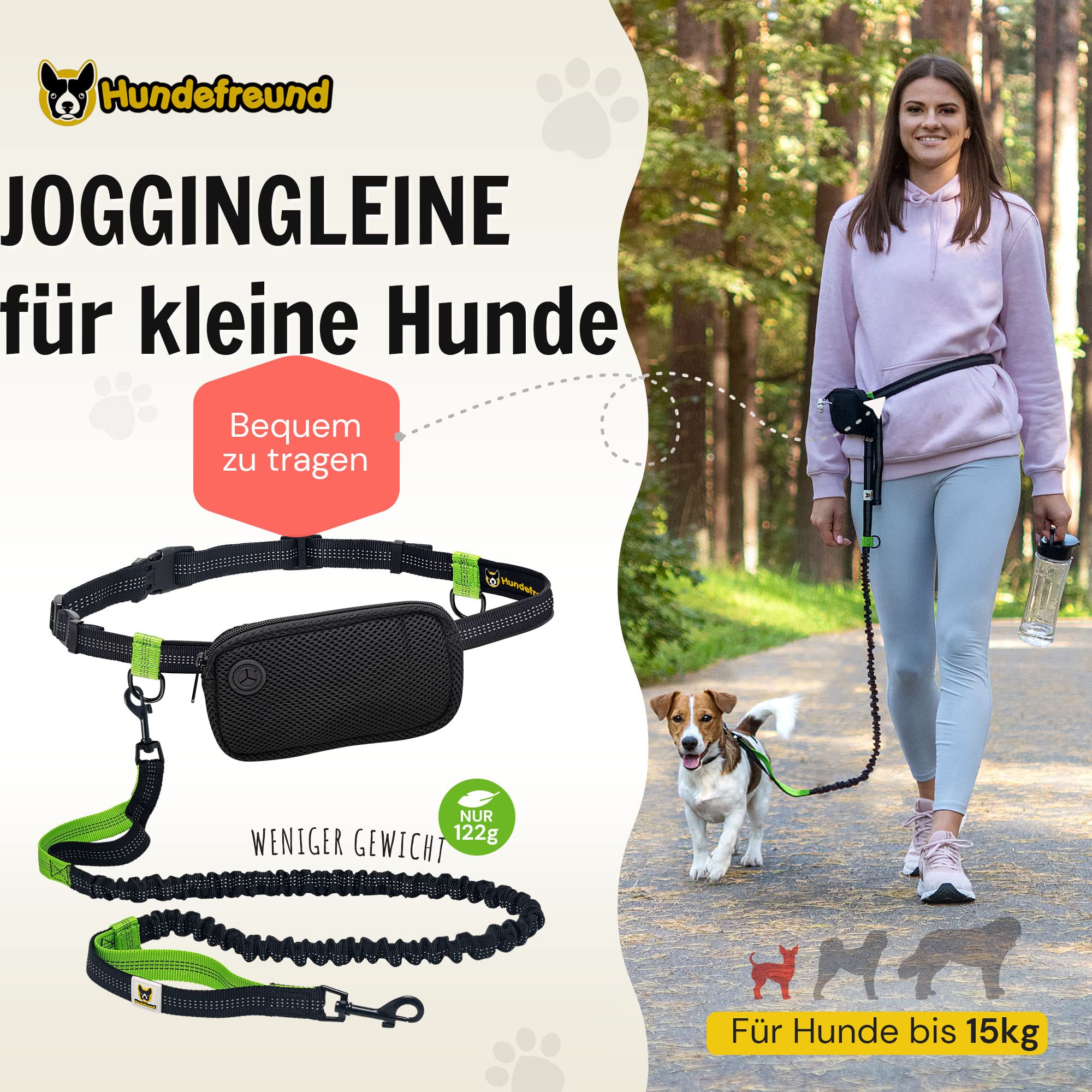 Hundefreund Joggingleine für kleine Hunde bis 15 kg – Laufleine mit Bauchgurt & Tasche – leichte reflektierende Hundeleine, dehnbar 110–160 cm – Freihandleine zum Joggen & Wandern