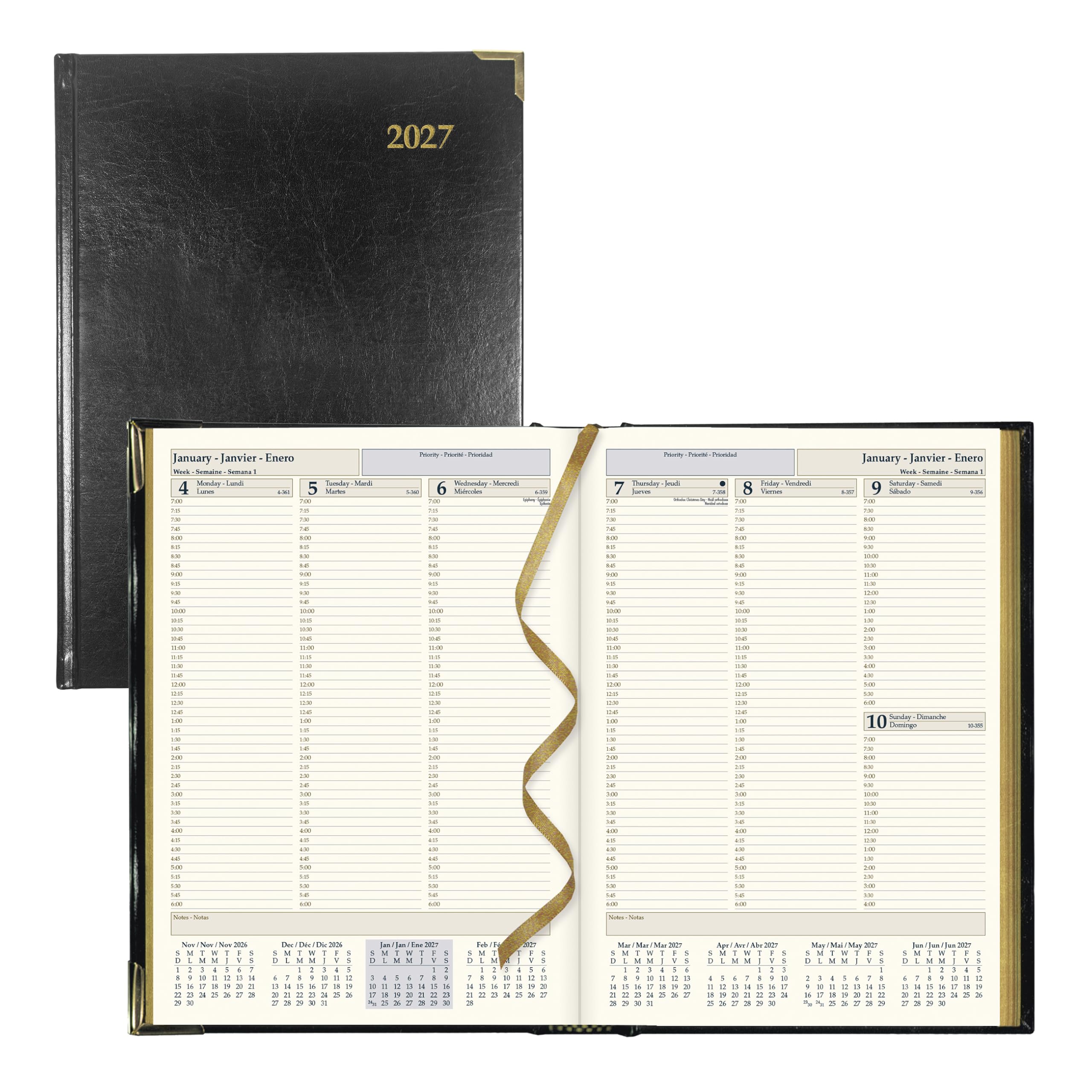 Brownline® 2027 Executive Wochenplaner Terminkalender Terminkalender 12 Monate Januar bis Dezember genähte Bindung 27,3 x 19,7 cm schwarz dreisprachig (CBE512)