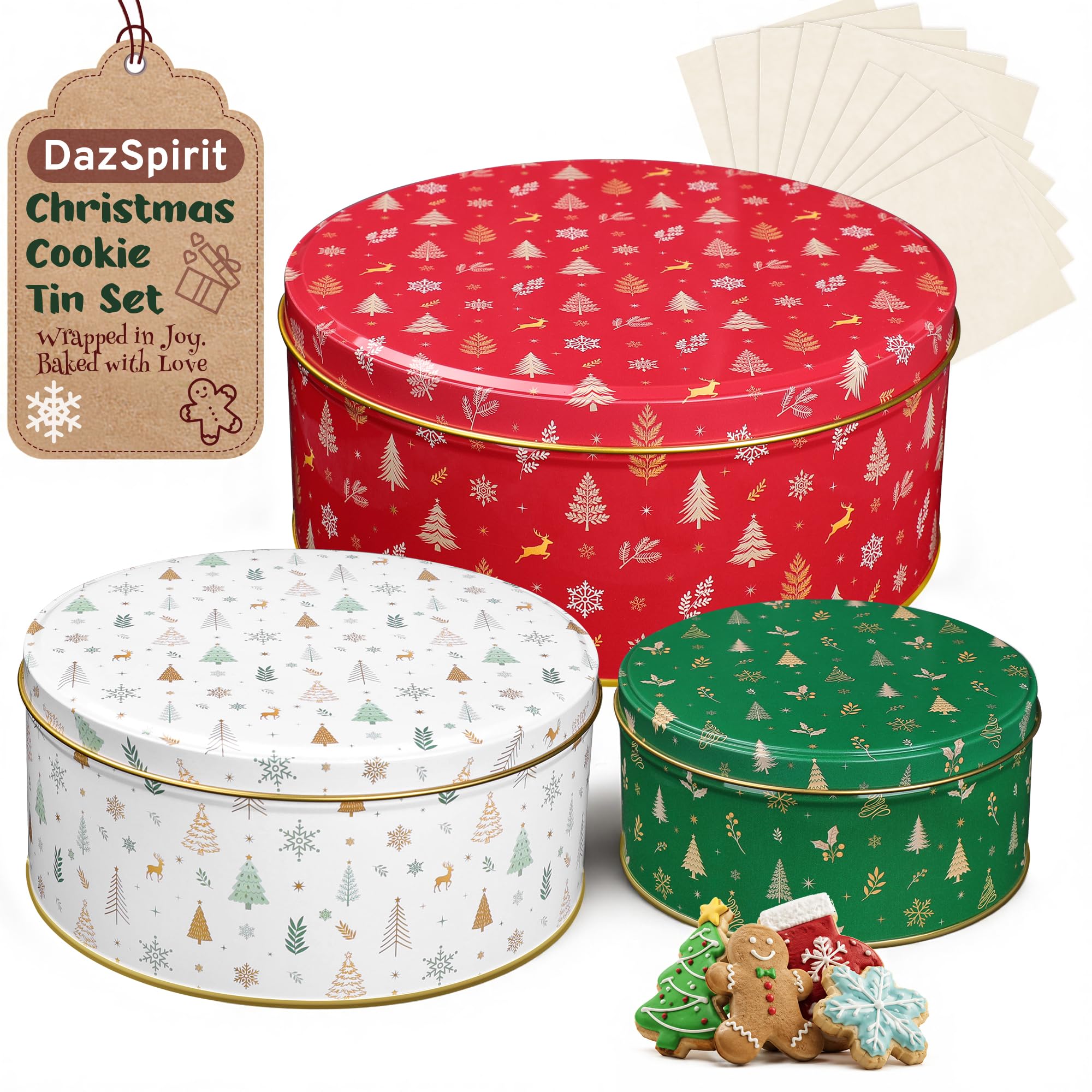 DazSpirit Christmas Biscuit Tins, Set of 3 Metal Cookie Tins with Lids