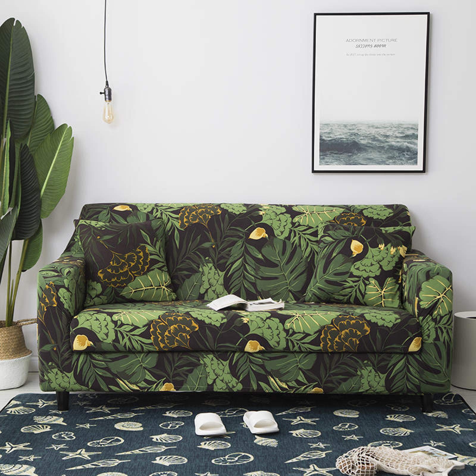 2 Seater Sofa Cover Black Green Leaves Stretch Sofa Covers Spandex Settee Covers 2 Seater Washable Sofa Protectors from Pets Non Slip Covers for Sofas All Seasons Couch Cover with Elastic Strap