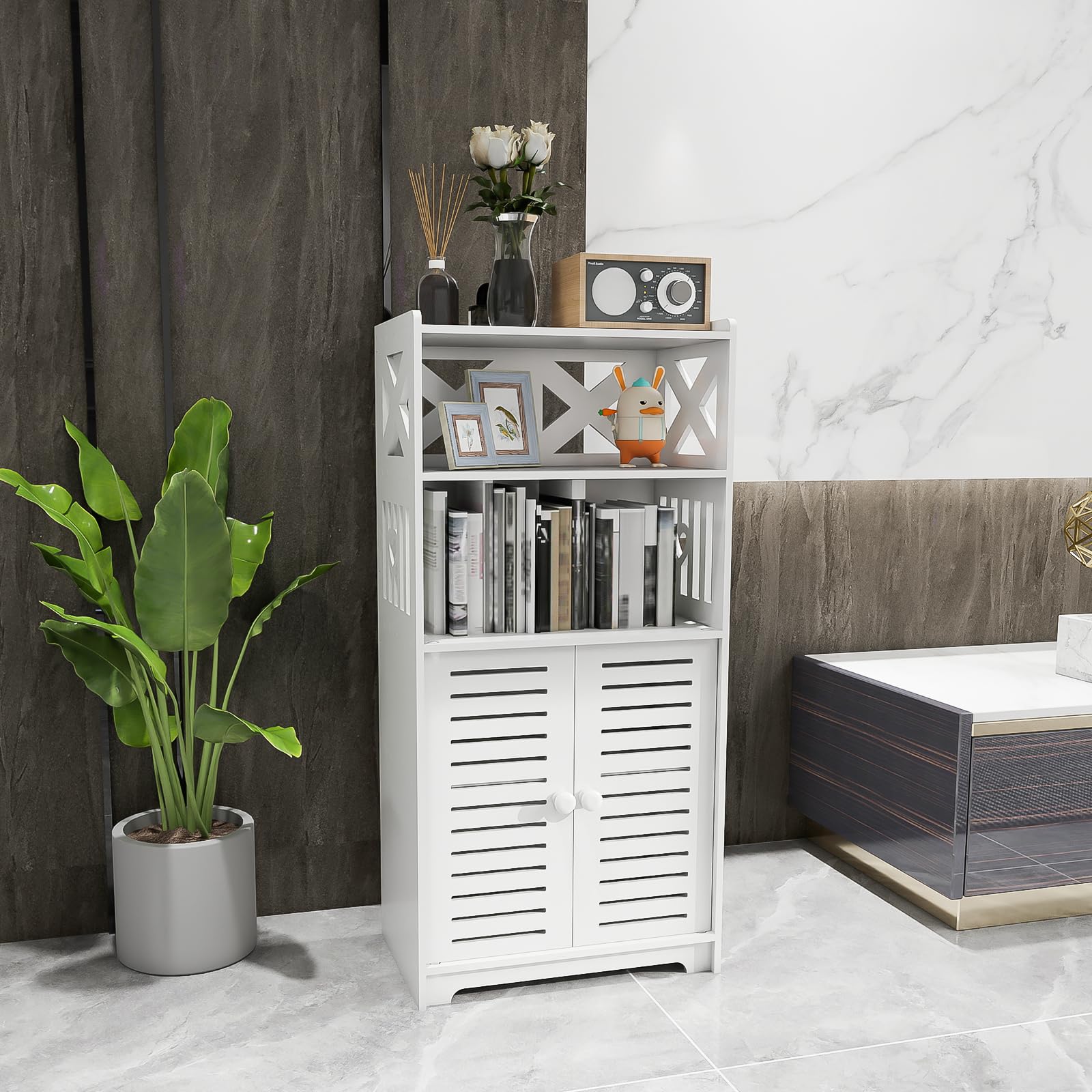 Mobiletto da bagno, armadietto salvaspazio, con cassetto, scomparto, piccoli spazi, con 2 sportelli e 2 scaffali, 75 x 22 x 36 cm