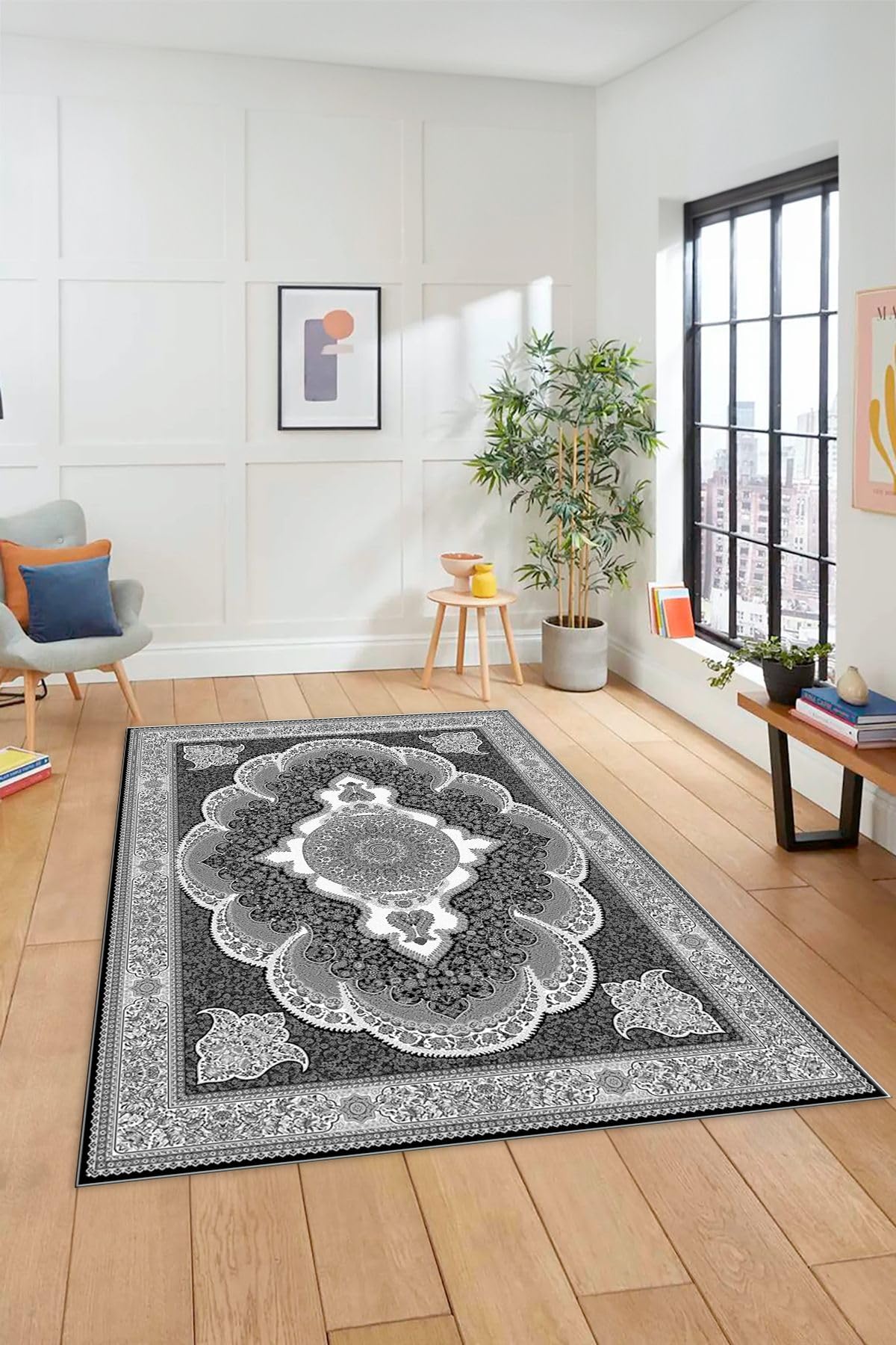Evdeya Dijital Kaymaz Taban Yıkanabilir Çerçeveli Göbekli Klasik Desen Salon Halısı KLASİK-02, Gri, 80 x 250