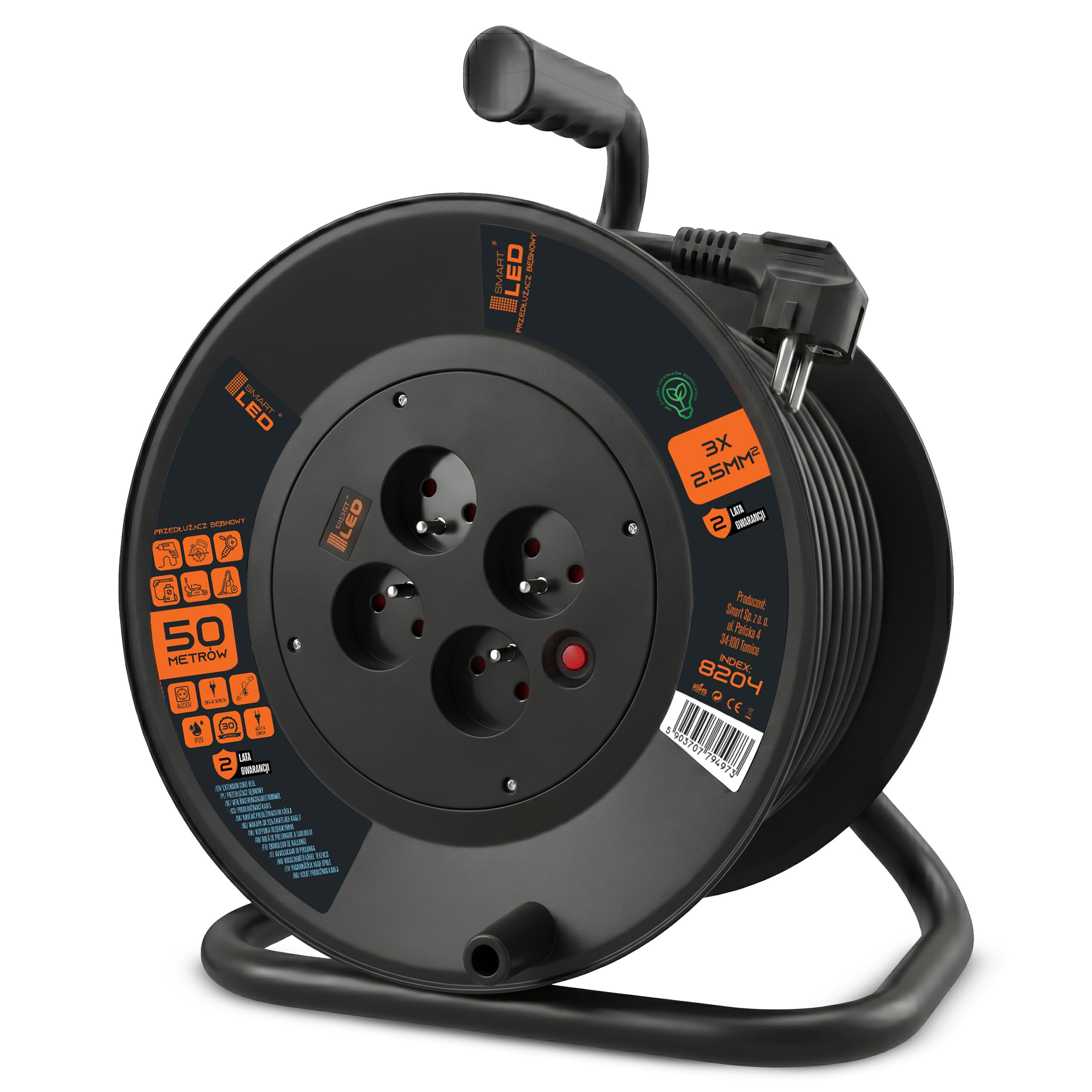 SmartLED-Kabeltrommel, für den Außen- und Innenbereich, 4 Steckdosen mit Erdung, 50 m, schwarz, für den Baubereich, 3x2,5 mm, Garten, Kindersicherung, 2500 W (50 Laufmeter)