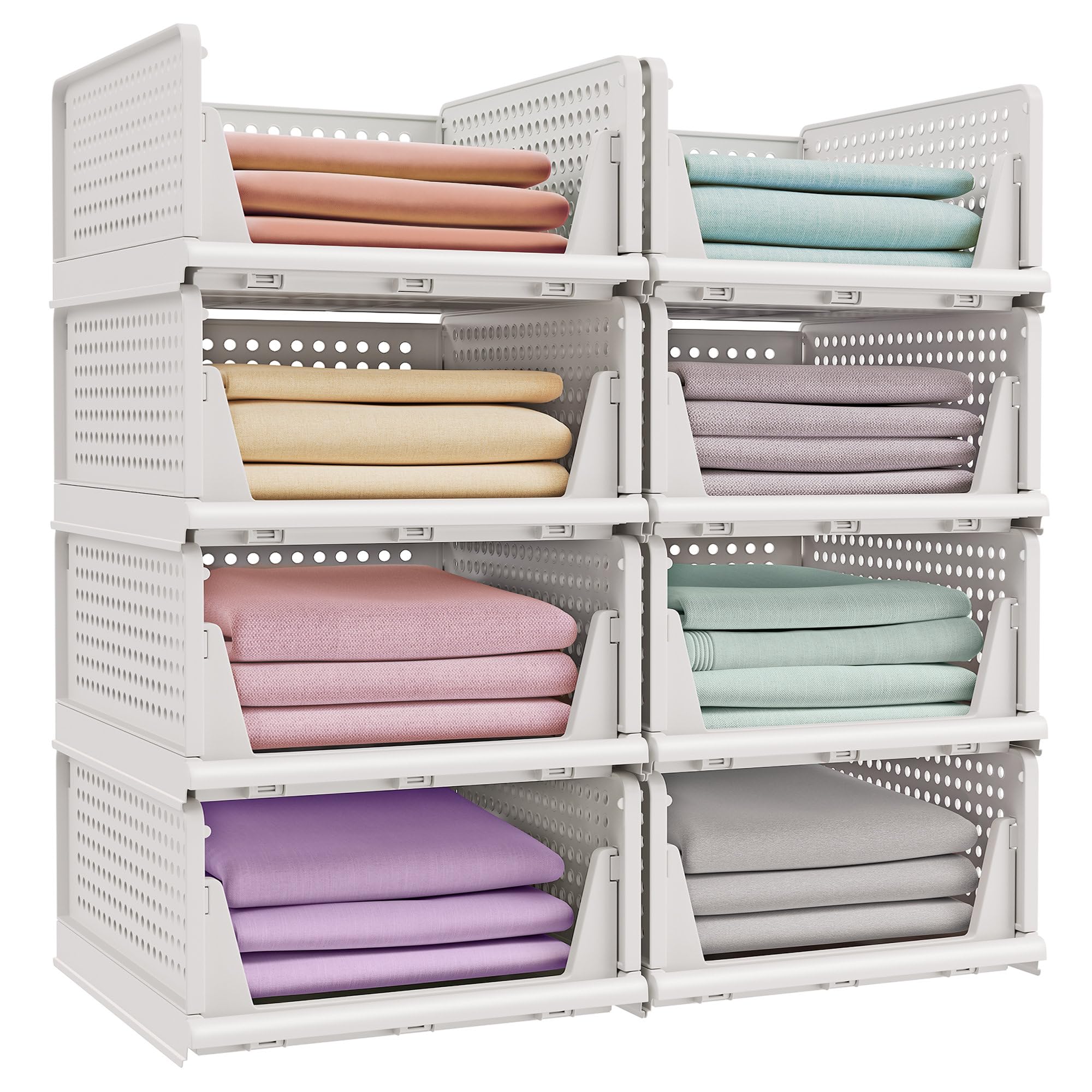 SONGMICS Organizery do Szafy, Zestaw 8, Wysuwane Kosze, 33 x 43 x 18,5 cm | Plastikowe Pojemniki do Przechowywania, Składane i Sztaplowane, Biały, Kolekcja DENNYS LPC800WZ01