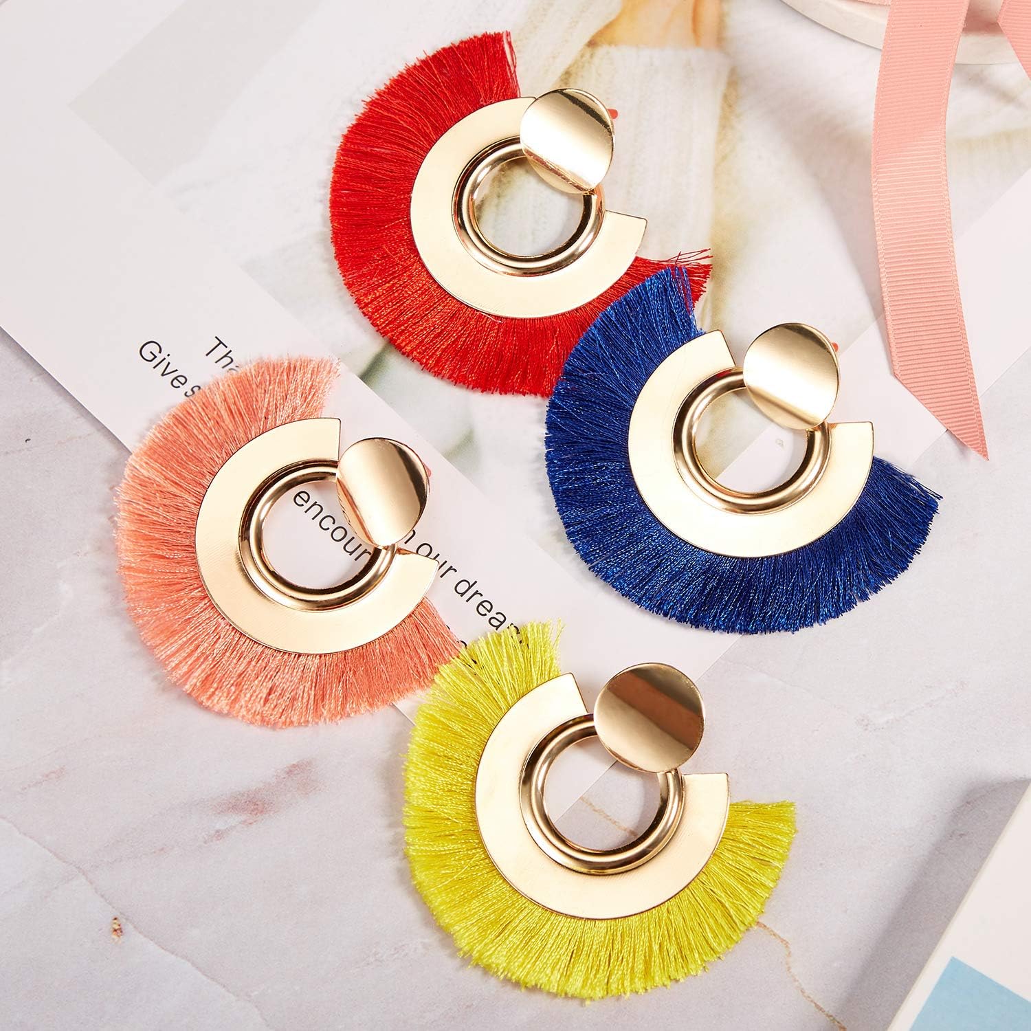 meekoo 6 Pairs Tassel Dangle Earrings Gold Hoop Fringe Earrings Bohemia Fan Shaped Earrings for Women Party and Daily Wear - Image 6