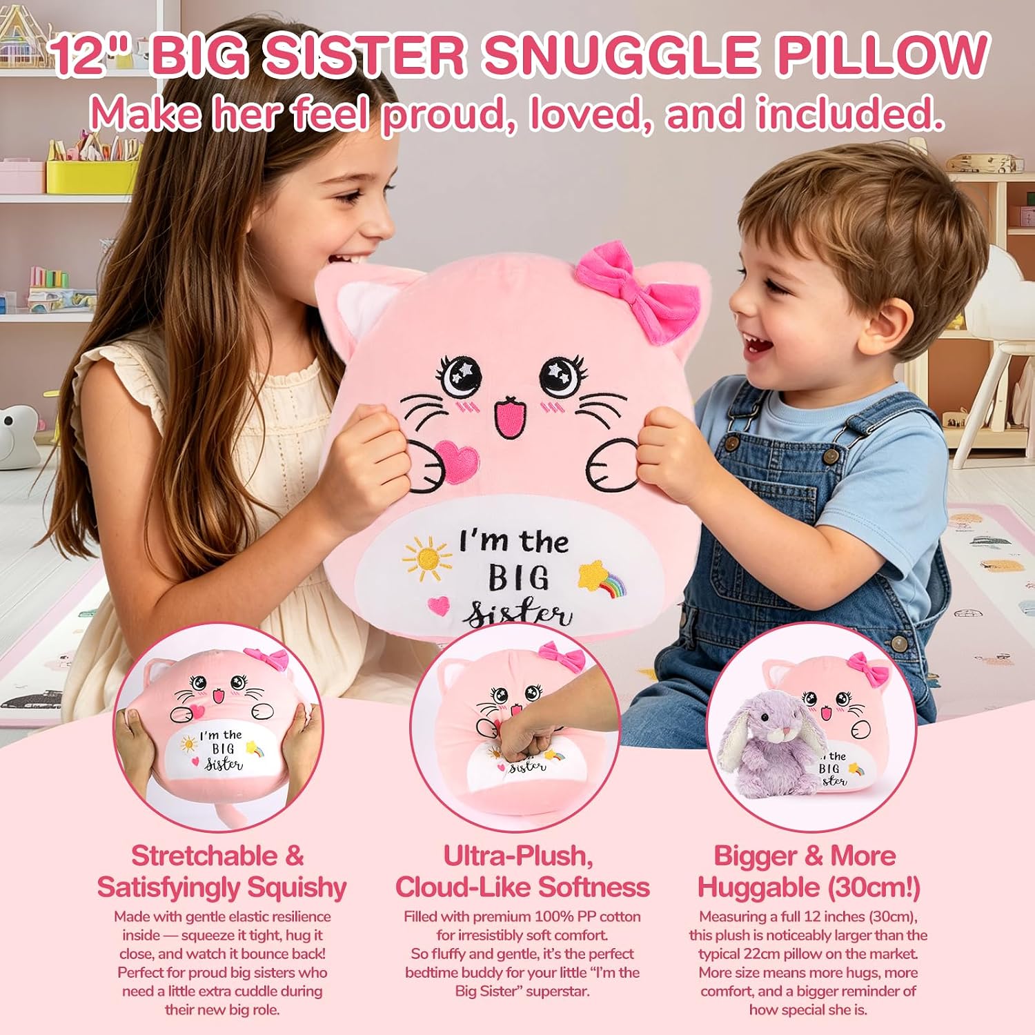 Big Sister Gifts for Girls Age 2-8, 12'' Large Sister Plush Cat Stuffed & Soft Cozy Flannel Big Sis Throw Blanket, New Sis Gifts Set of 5, New Sisters to Be Announcement Present (Big Sis-Cat)
