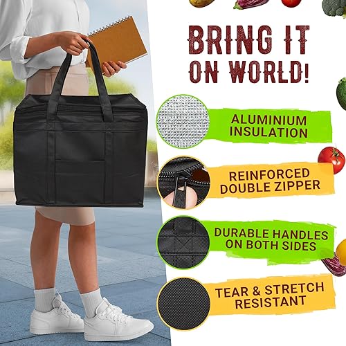 Miniatura 4 de APQ Supply Bolsa de entrega de alimentos aislada negra, bolsas de comestibles aisladas con cierre superior, bolsa de catering para entregas de