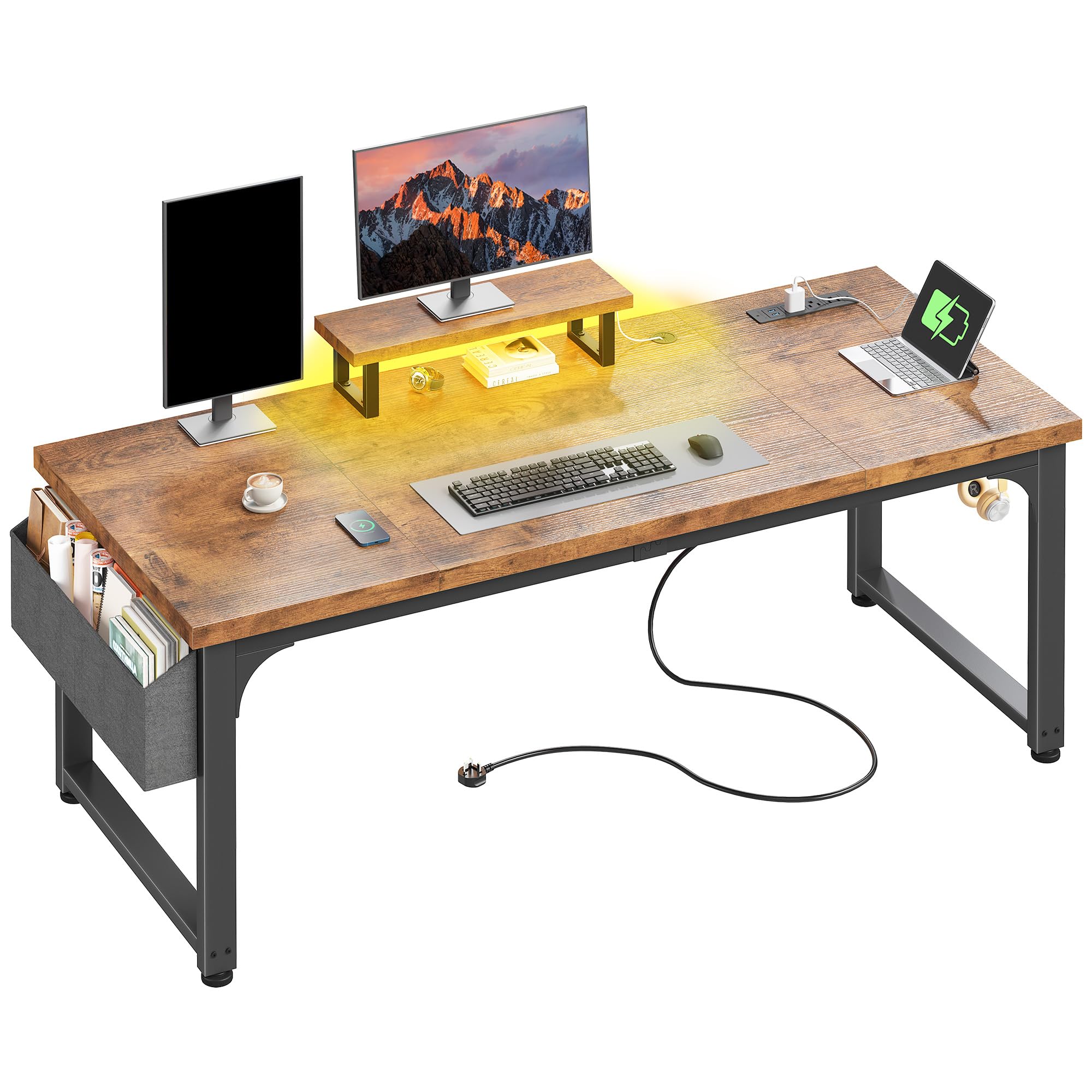 Cliporix Computer Desk, 24mm Thick Heavy Duty Desks with Power Outlets & Led Lights, Large Home Office Desk with Detachable Stand, Hooks & Side Pocket & Cable Management, 3-Zone Spacious Workstation