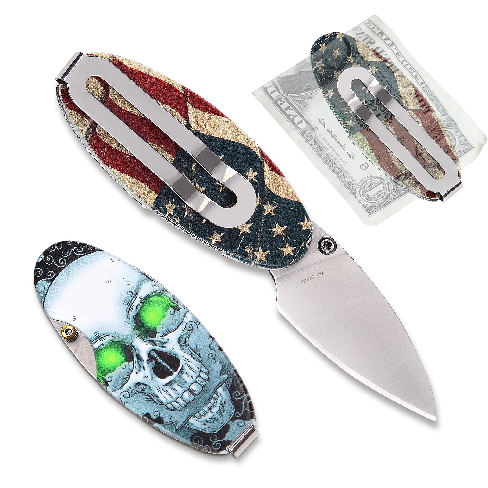 2 Pack Small Pocket Knife with Money Clip- 1.7 Inch Blade EDC Folding Knives with Clip, Cool Cash or Card Holder, Mini Box Cutter Knife Gadget for Everyday Carry, Gift for Men & Women
