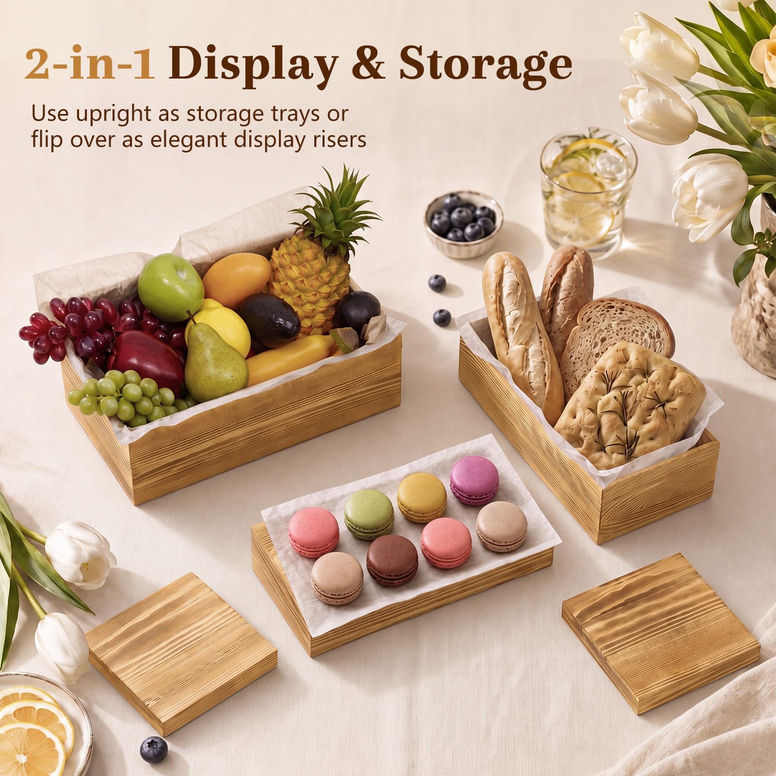 Leinuosen Juego de 5 elevadores de buffet extragrandes, caja de exhibición rectangular de madera, para catering, postre, mesa, soporte decorativo con fondo hueco para catering (madera clara)