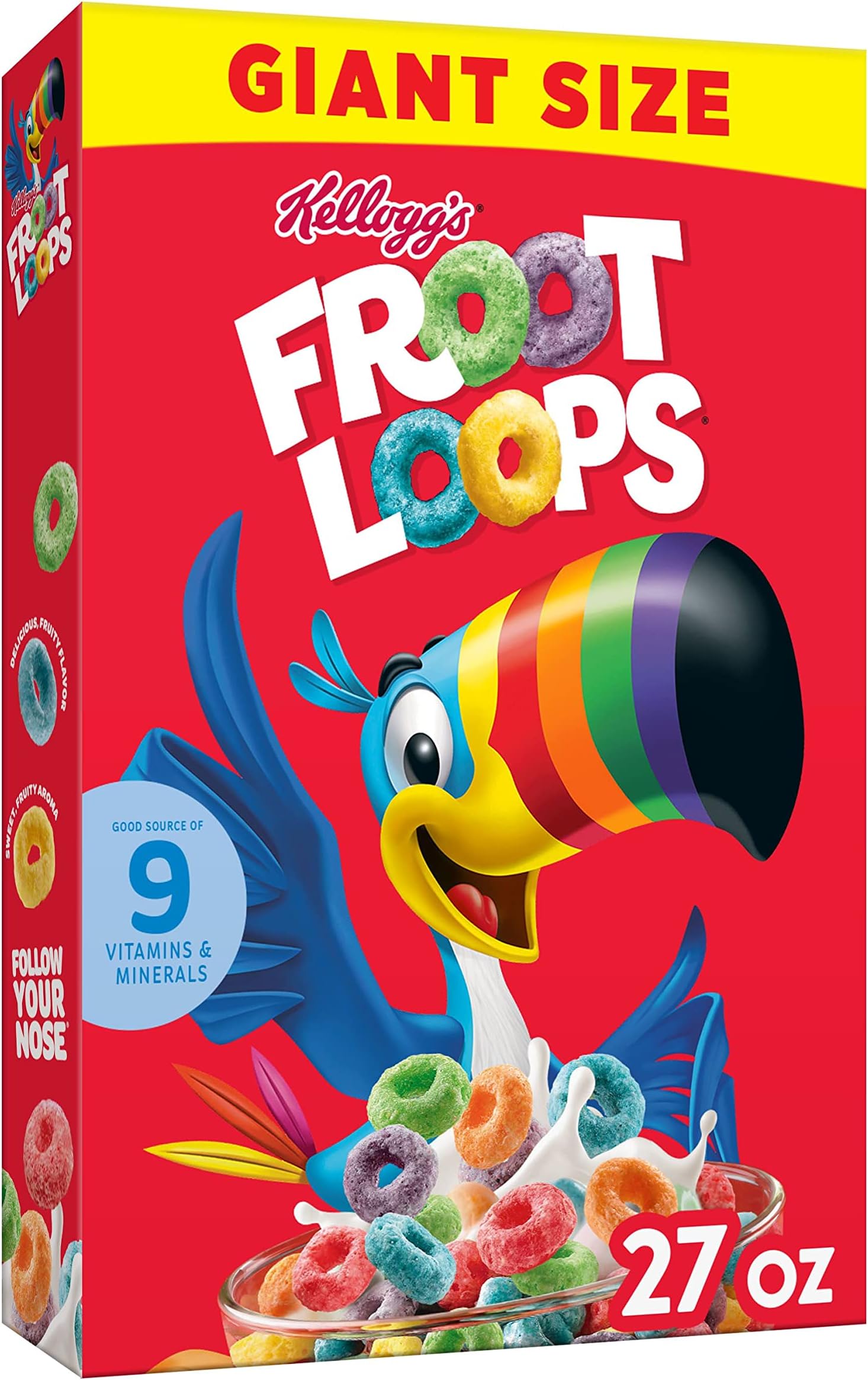 Kellogg's Froot Loops Breakfast Cereal, Fruit Flavored, Breakfast Snacks with Vitamin C, Giant Size, Original, 27oz Box (8 Boxes)