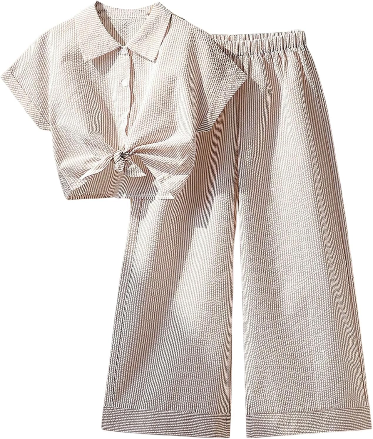 OYOANGLE Girl's 2 Pieces Outfits Striped Short Cuffed Sleeve Shirt and Elastic Waist Wide Leg Pants Sets