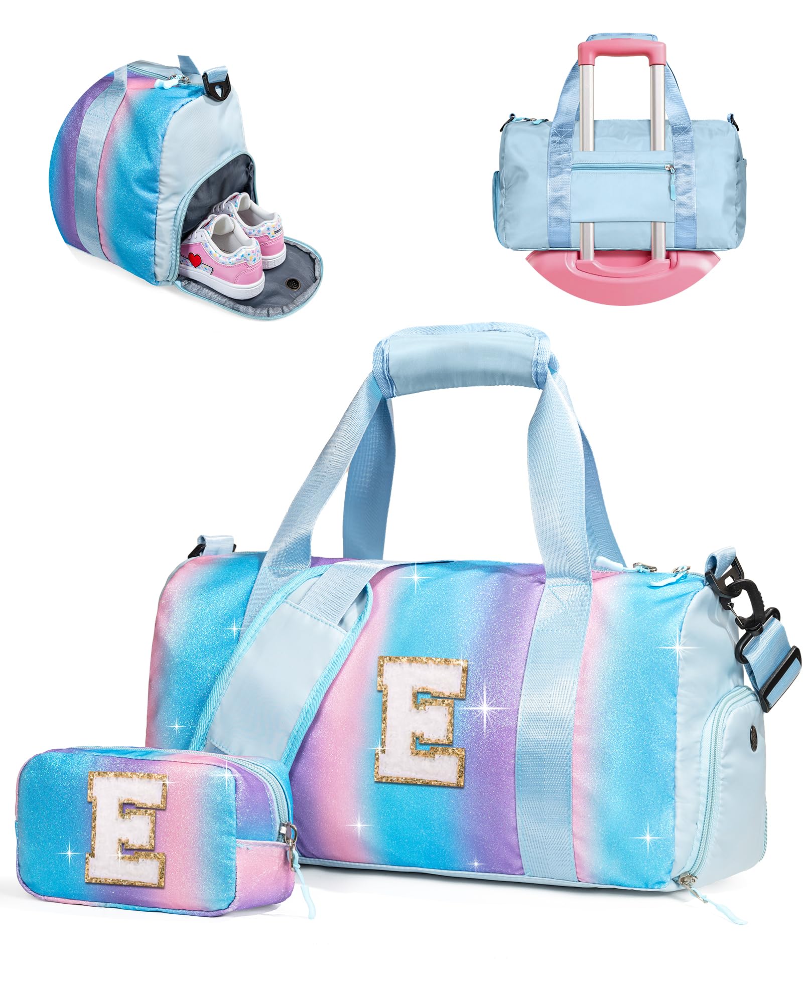 Vogewood Dance Recital Gifts for Girls-Girl Gym Bag with Shoe Compartment, Kid Personalized Weekender Overnight Bags, Initial Travel Tote with Makeup