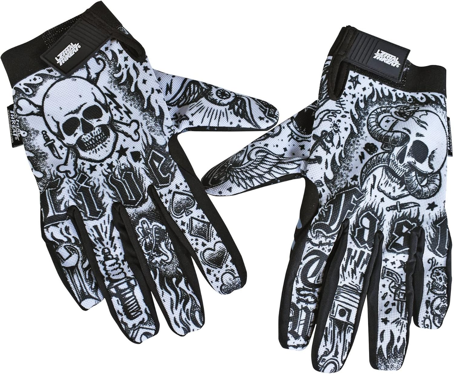 Lethal Threat Tattoo Mens Textile Motorcycle Gloves Black/White XXL