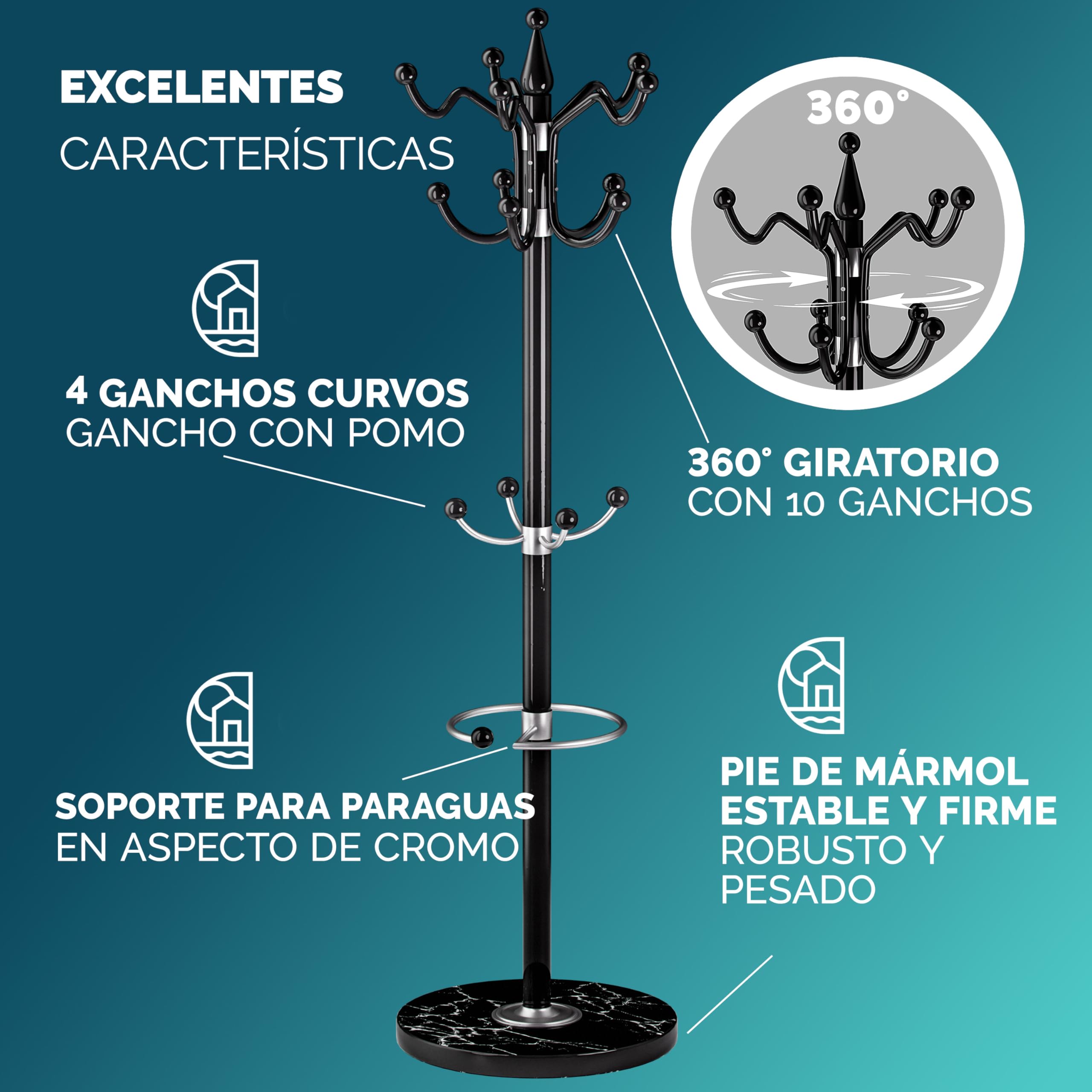 CASARIA® Perchero de Pie, Forma de Árbol, 14 Ganchos, Base Mármol, para Pasillo Recibidor Entrada, Colgador Chaquetas Sombreros Ropa Resistente Bolsos 175x37cm