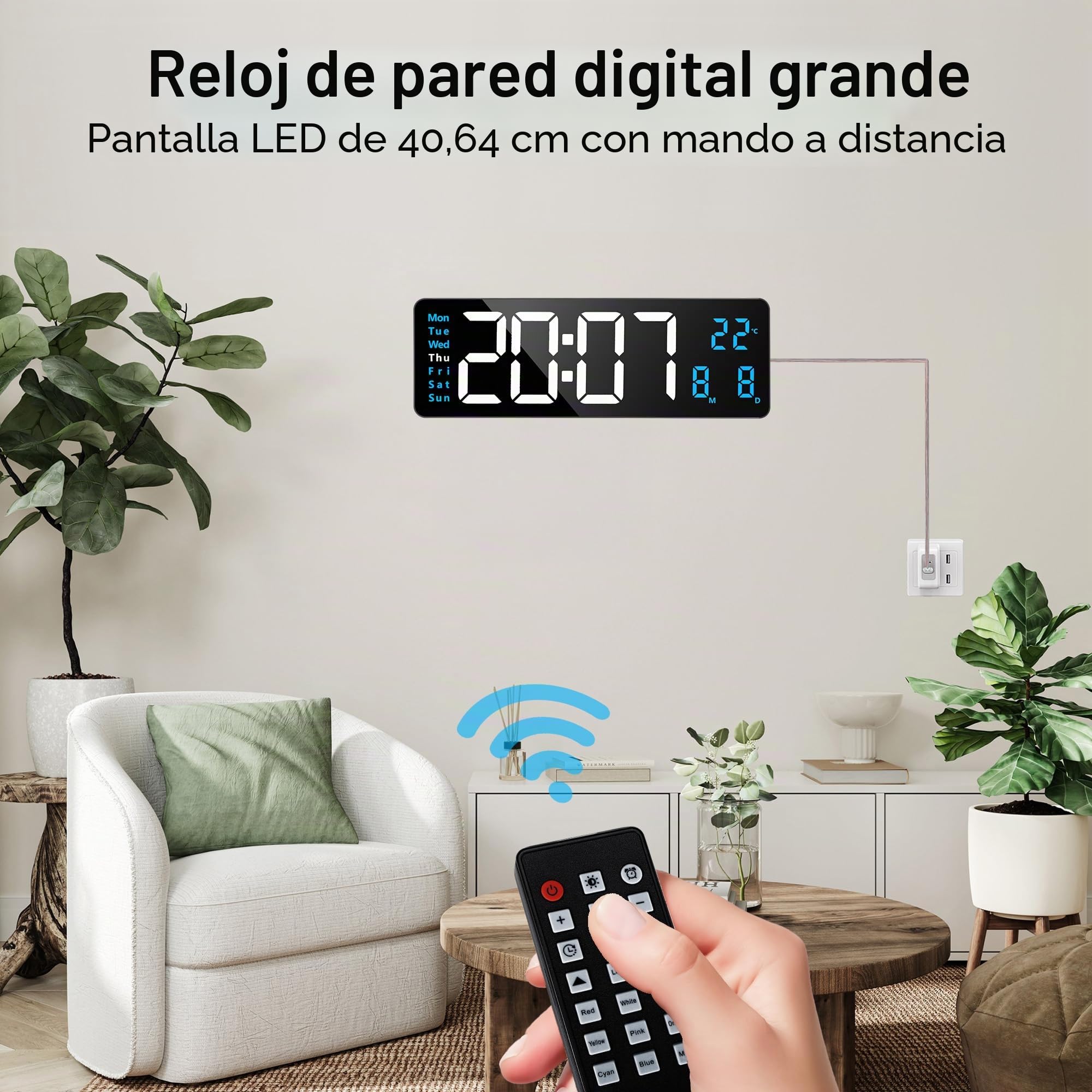 Lafocuse Reloj Digital de Pared 16" LED Azul Grande, con Luz Nocturna de 9 Colores RGB, Mando, Doble Alarma, Brillo Automático, Temperatura, Fecha, 12/24 Horas, Cuenta Atrás, para Salon Cocina Oficina