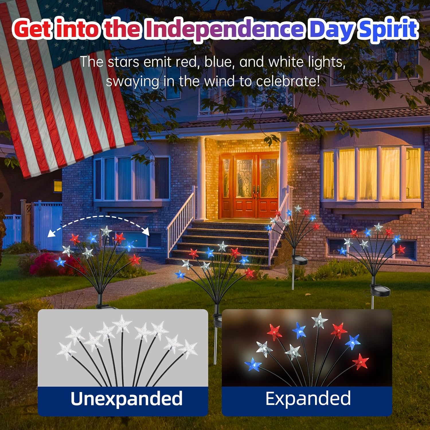 Lewondr 4th of July Decorations Solar Garden Lights, Fourth of July Red White and Blue Light Solar Lights Outdoor, Waterproof Patriotic Decor with 9 LED 2 Lighting Modes for Independence Day, 4 Pack
