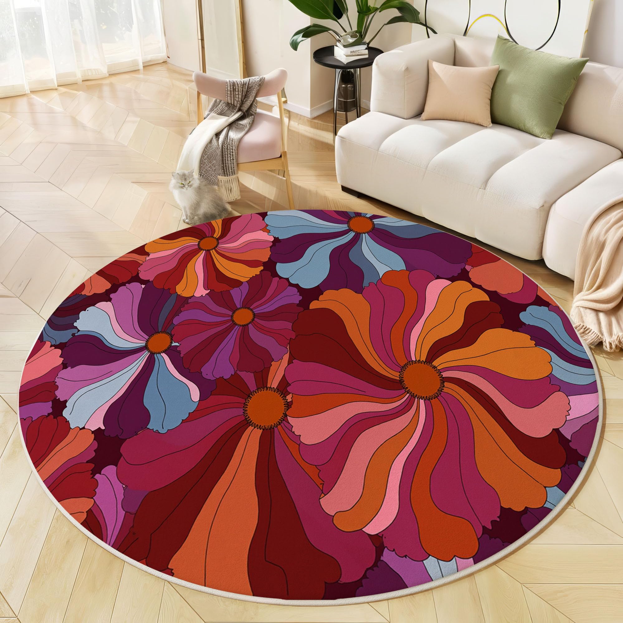 Tapis de salon rond lavable antidérapant moquette ronde rose magenta 120 cm
