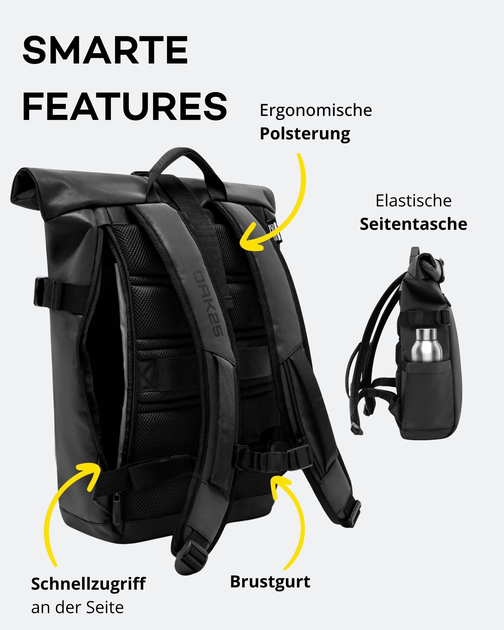 OAK25 Rolltop Rucksack Reflektierender Damen & Herren - Luminite Rolltop Lite - Roll Top Backpack für Arbeit Uni Fahrrad - Laptopfach bis 16 Zoll - Tagesrucksack 19L