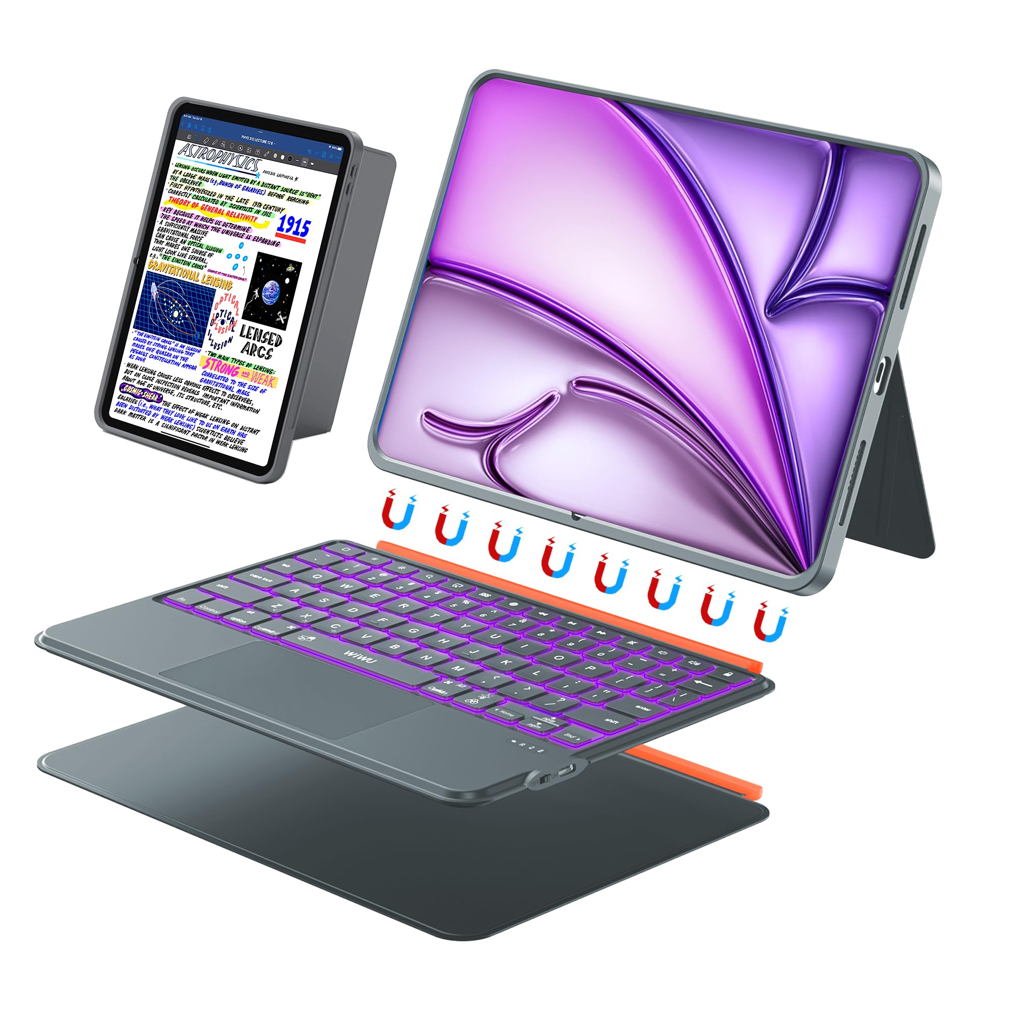 WIWU Tastatur Hülle für iPad Air 13" M4/M3/M2 2026/2025/2024 Magnetische Abnehmbare Tastaturhülle Verstellbarer Ständer Hintergrundbeleuchtete Trackpad(Grau, for Air 13"(M4/M3/M2) Pro 12.9" 6/5/4/3)