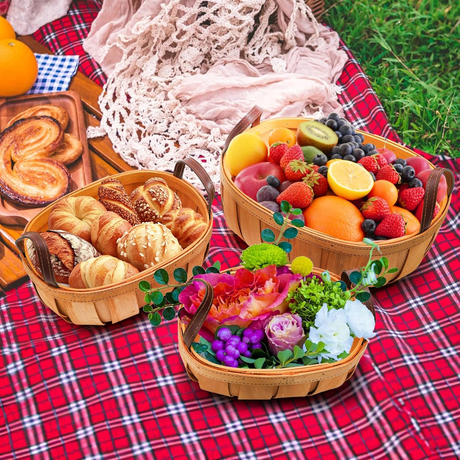 Goaste 3 Pack Wooden Bread Baskets, Wood Chip Picnic Basket with Handles, Handmade Woven Harvest Basket Holder, Rustic Fruits Vegetable Storage Baskets for Picnic, Wedding, Gifting (Orange, 3 Sizes)