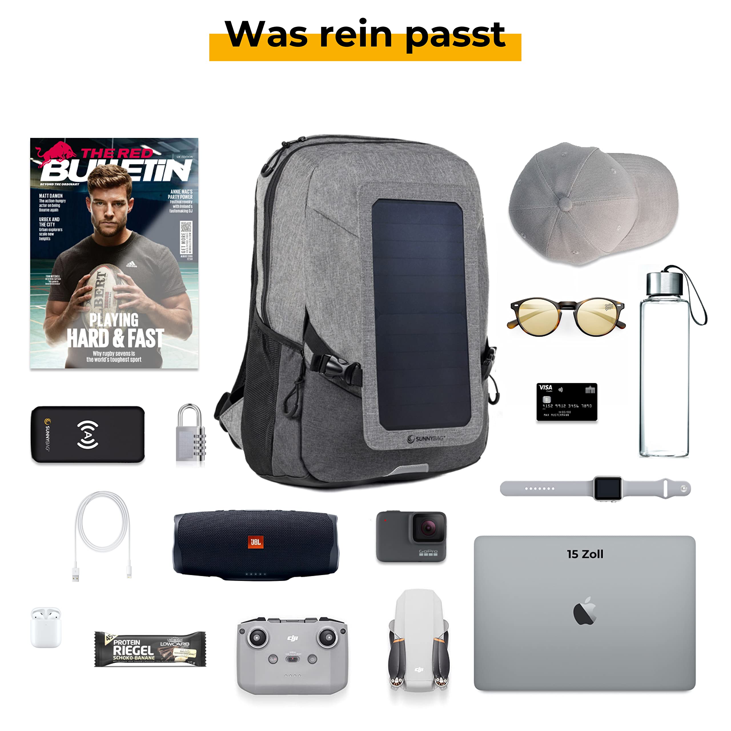 Sunnybag Explorer+ | Solar Rucksack mit abnehmbarem 6 Watt Solar-Panel | USB-Anschluss | 15-Zoll Laptopfach | 15 Liter | Wasserabweisendes Textil | Jetzt inkl. USB-C Kabel mit Leistungsanzeige