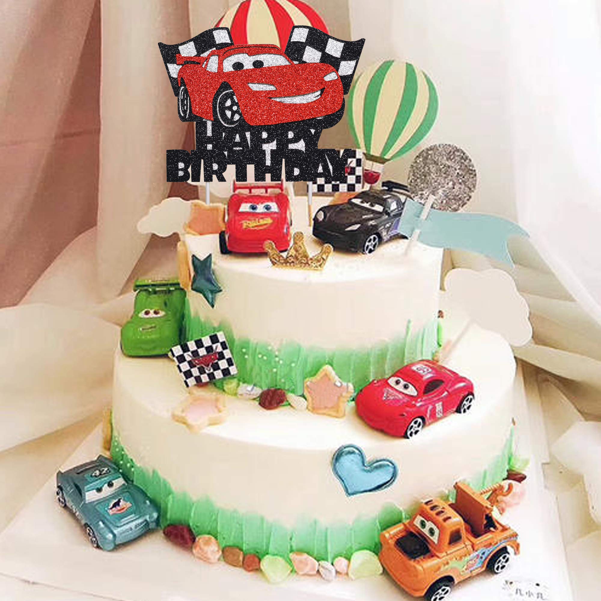 Artczlay Happy Birthday Cake Decoration Racing Flash Cake Topper Checkered Flag Racing Theme Party Supplies Baby Shower Car Theme Traffic Theme Party Cake Topper (Black and Red)