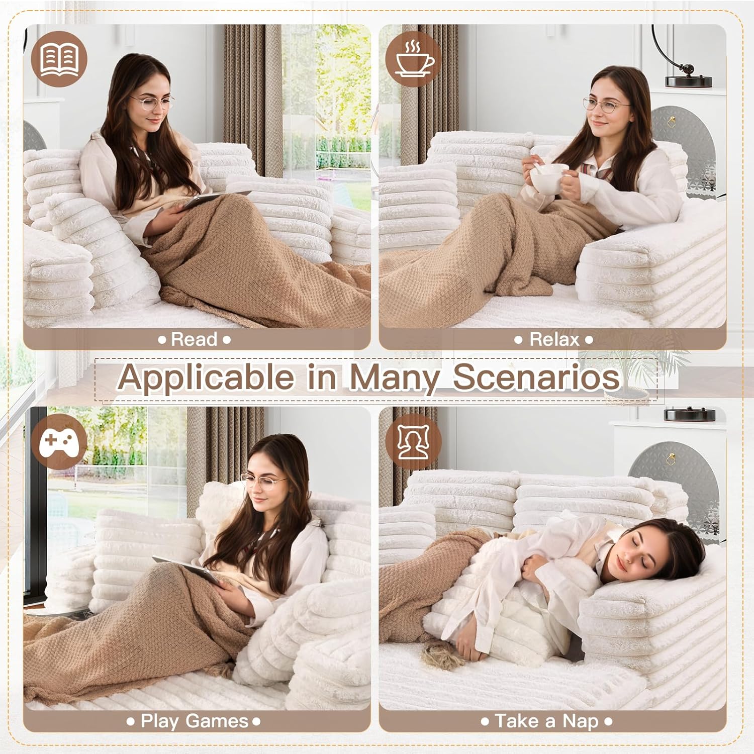 56" Oversized Chaise Lounge Chair Indoor,Plush Faux Fur Sleeper Sofa Couch Bed with Pillows&Wide Armrests,Fluffy Comfy Cloud Couch,Compression Foam Sofa for Living Room,Bedroom(Beige)