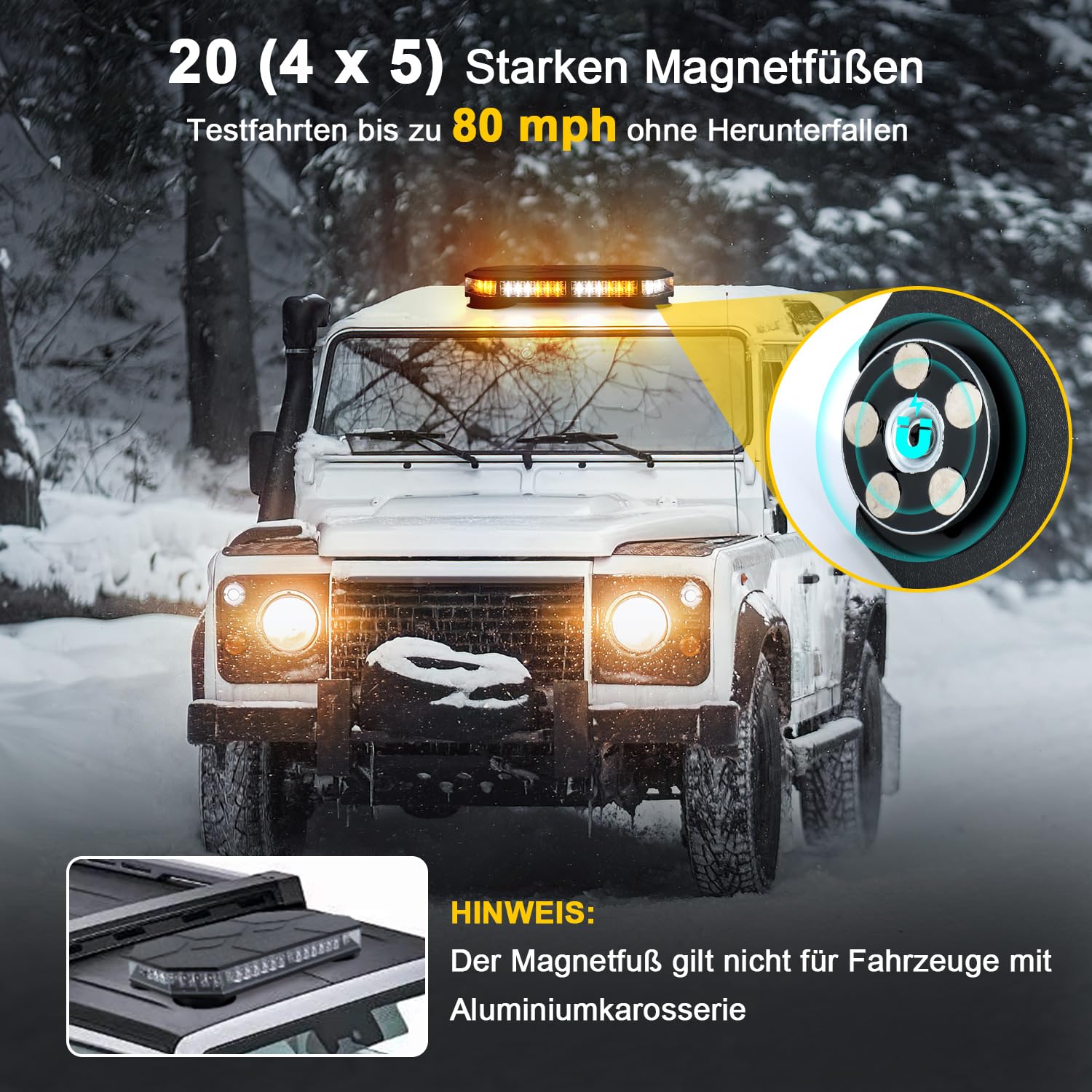 Lampa ostrzegawcza LED w kolorze żółtym i białym, stroboskopowa lampka ostrzegawcza z 20 magnesami | Kabel 3,8 m, funkcja pamięci, wodoszczelność IP68, zapalniczka typu plug and play, pasuje do pojazdów budowlanych i traktorów