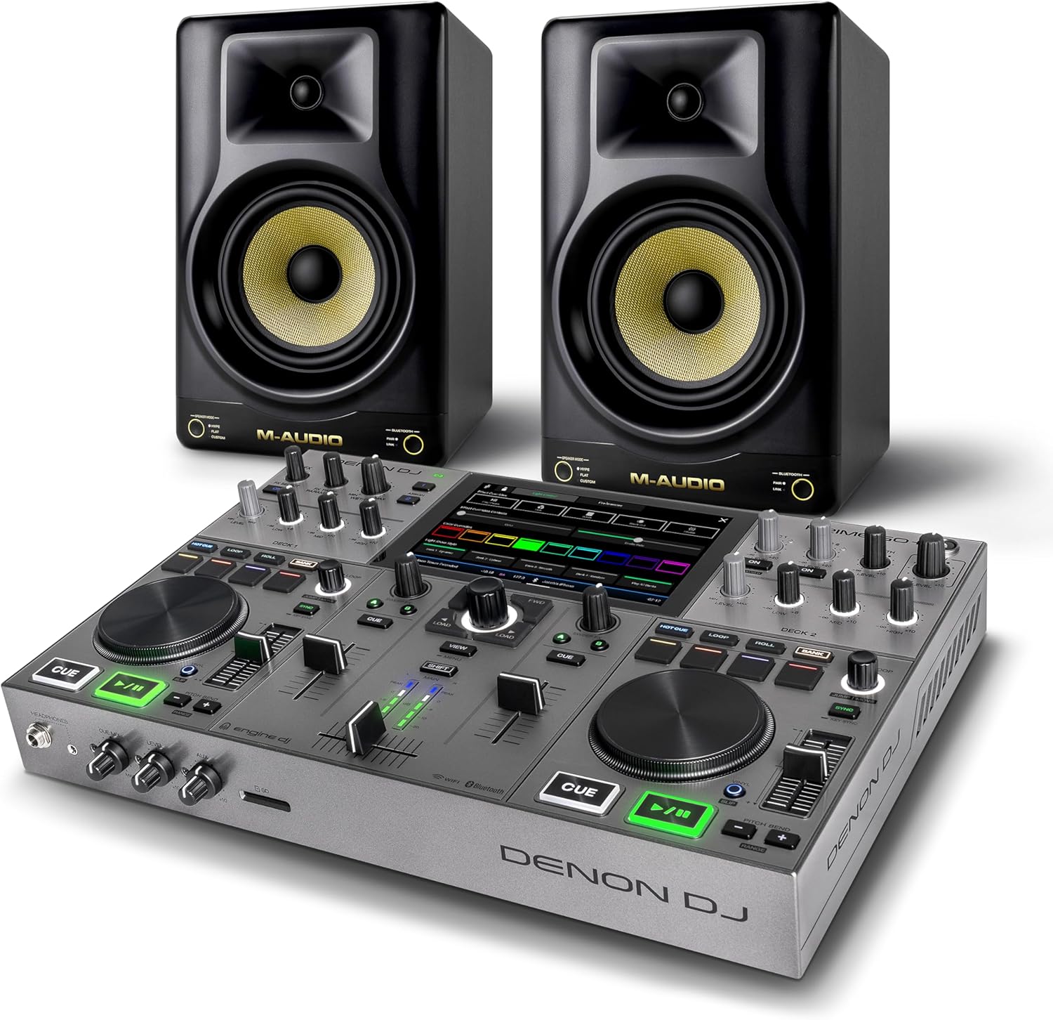 Denon DJ PRIME GO+ DJ Controller and M-AUDIO Forty Sixty Pair Studio Monitors for Studio Recording, Music Production, Podcasting, Streaming