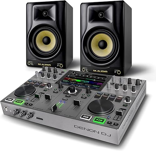 Controlador DJ Denon DJ PRIME GO+ y monitores de estudio M-AUDIO Forty Sixty Pair para grabación de estudio, producción musical, podcasting,