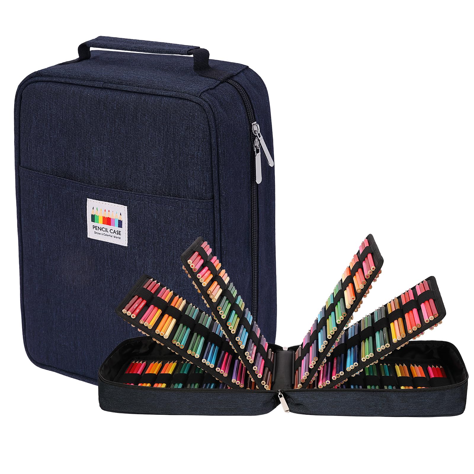 JAKAGO Trousse de Rangement Grande Capacité avec 90 Poches Élastiques – pour Jusqu'à 270 Crayons, Crayons de Couleur ou Stylos Gel – Idéal pour Les Artistes (Bleu)