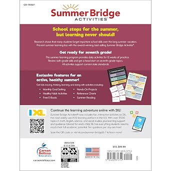 Summer Bridge Activities 6th to 7th Grade Workbooks All Subjects, Middle School Books With Math, Language Arts, Reading Comprehension, Science, Social Studies, Fitness, Flash Cards, and More