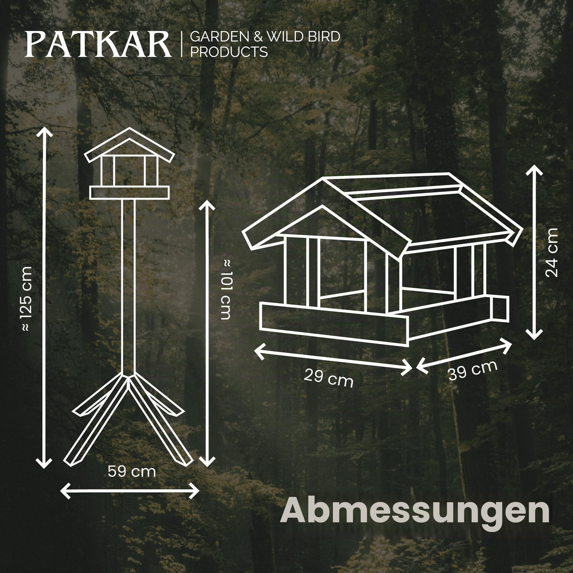 PATKAR Vogelhaus Futterhaus für Vögel mit Ständer aus Kieferholz - Vogelfutterstation Vogelfutterhaus für Singvögel Wildvögel Vogel Futterstation + 500g Futter Gratis