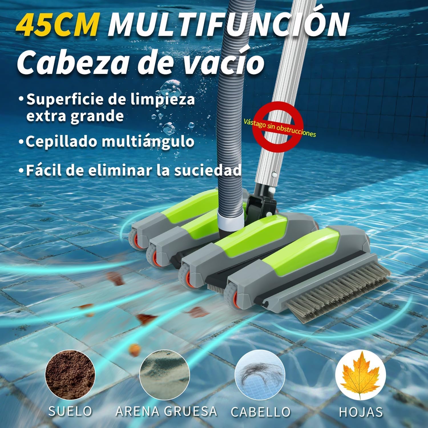 Cepillo Aspirador Piscina 45 cm con Ruedas, Cepillo Aspirador para Piscina con Conexión de Succión, Cepillo Limpiafondos Piscina Flexible con Cepillos Laterales, Compatible con Mangueras 32 mm y 38 mm