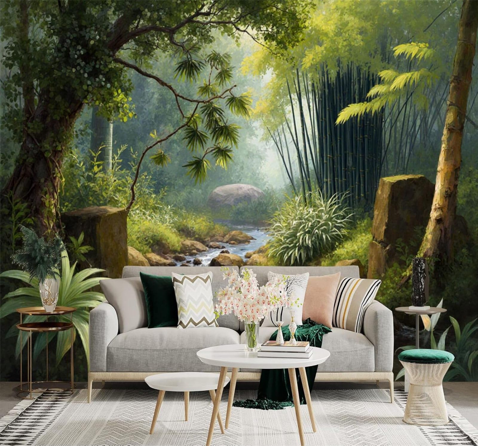XLMING Fresh Bamboo Grove Forest Stream Sunshine 3D Wallpaper Silky Texture Home Study Office Grey Dining Room Sofa Bedroom Living Room TV Backdrop-350cm×256cm