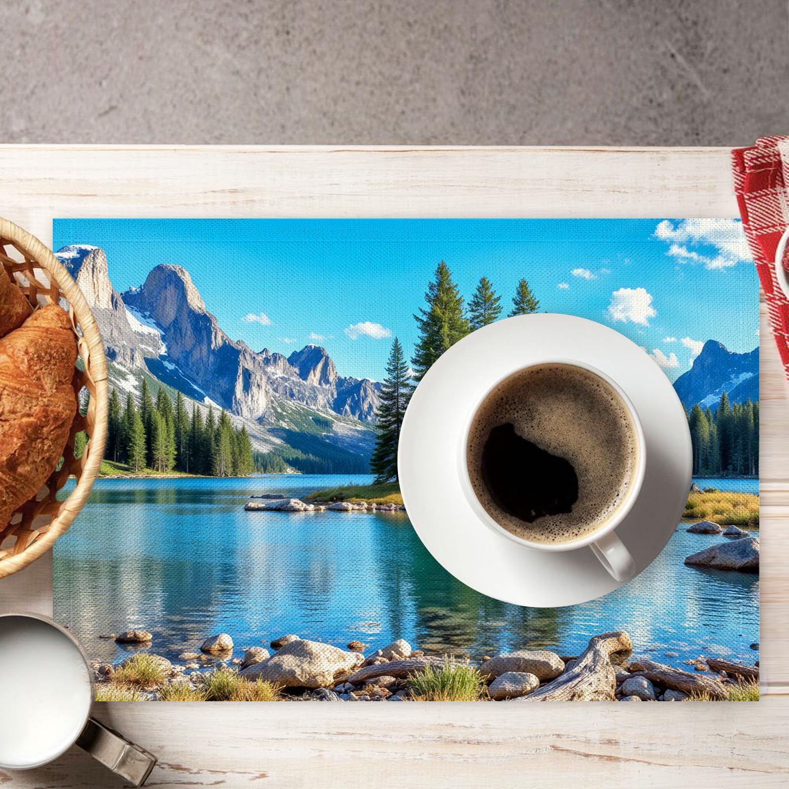 Set di 8 Tovagliette Americane Lavabili Cotone Lino Paesaggio Naturale - Tovaglietta Americana Stoffa Resistenti al Calore Durevole Catene Montuose Cime Innevate- per Colazione Pranzo