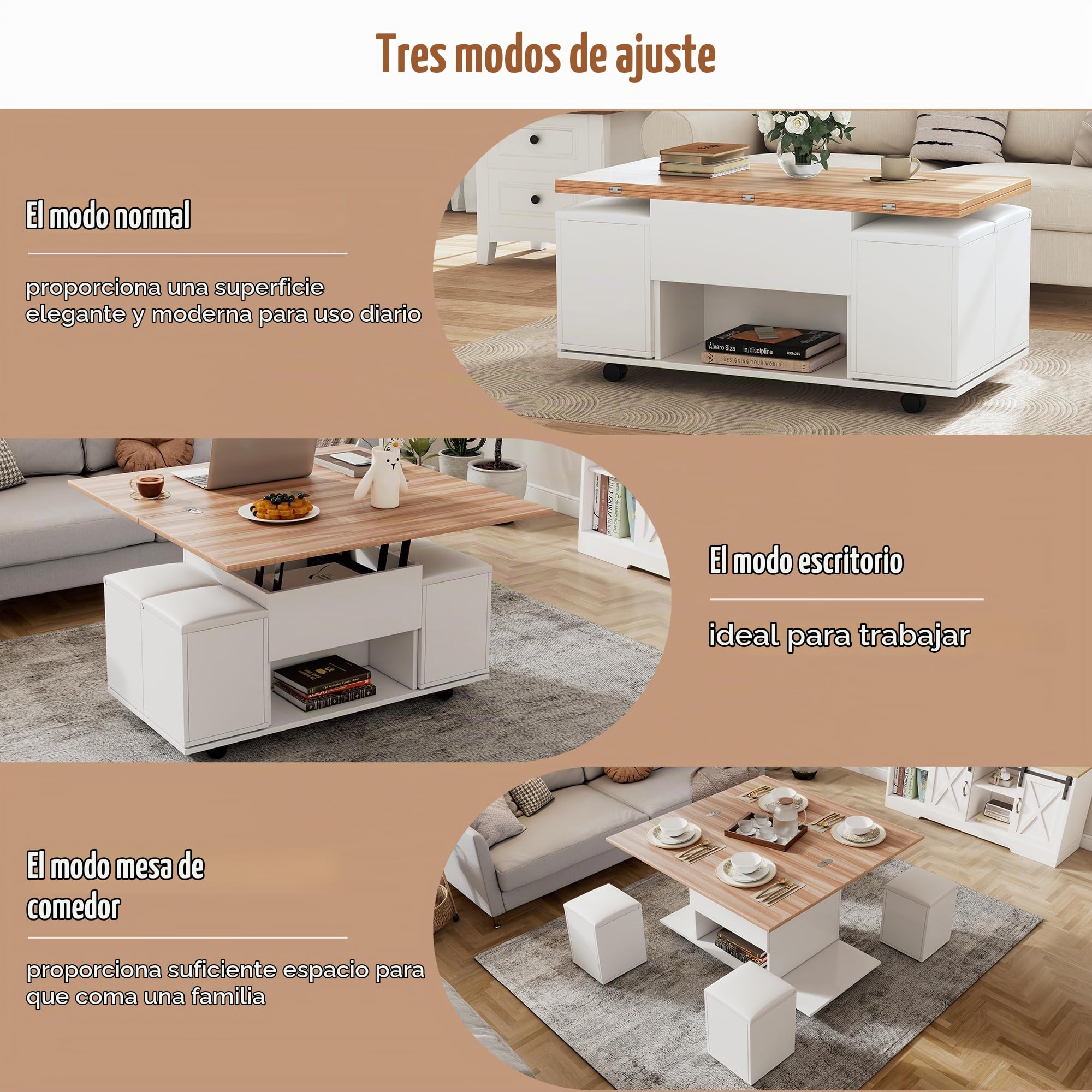 Mesa de Centro Elevable, Mesita con Tablero Plegable y 4 Taburetes
