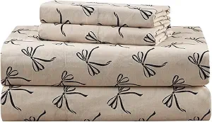 Comfort Spaces 100% Cotton Sheets Twin, Breathable, Naturally Cool Cotton Sheets, Soft Cotton Bed Sheets with 12" Elastic Pocket Fits up to 14" Mattress, All Seasons Sheet Set, Bow Black/Taupe 3 Piece
