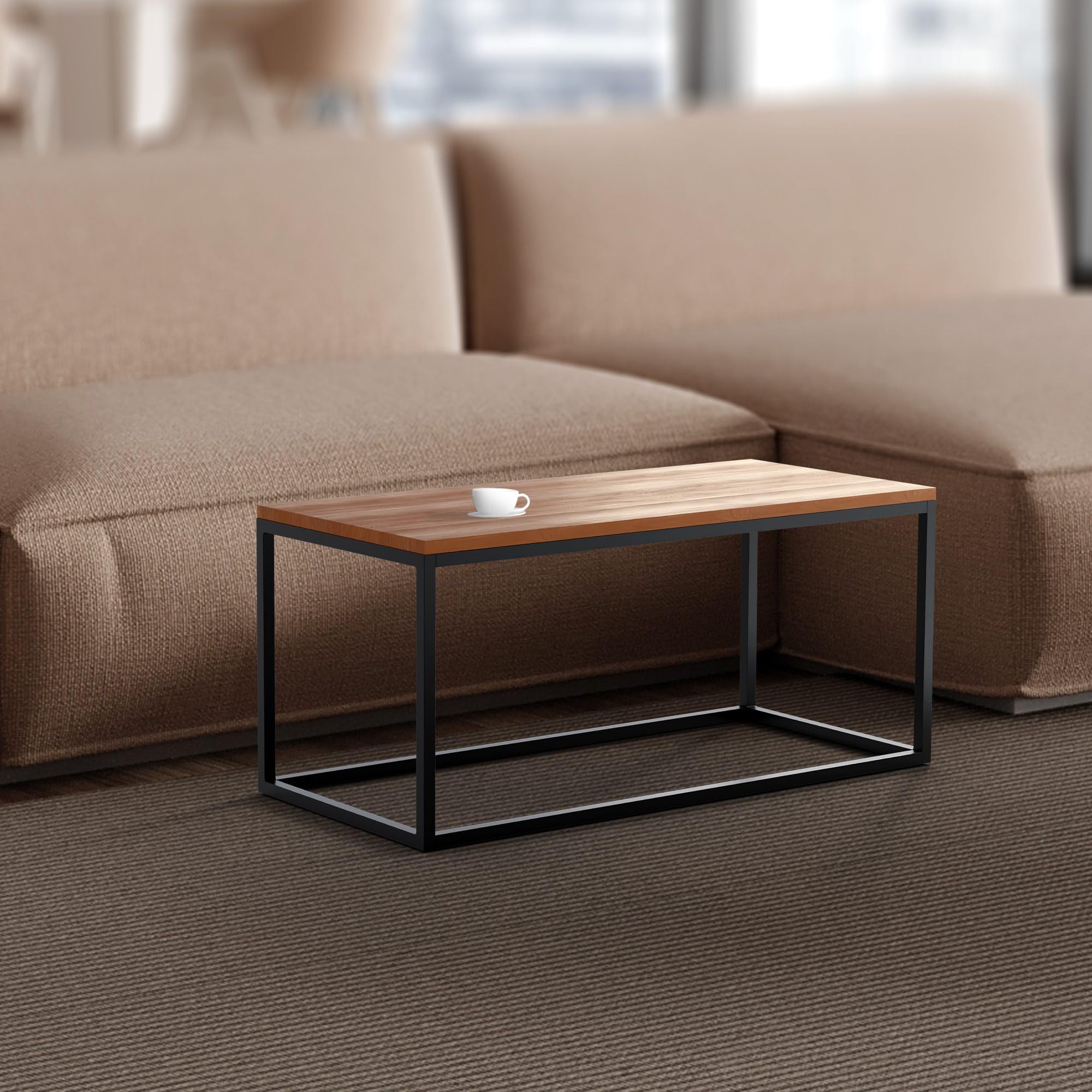 CLP Couchtisch Manteo aus Eichenholz, Sofatisch mit pulverbeschichtetem Metallgestell, Bodenschonern und modernem Design, Größe:100x45x50 cm