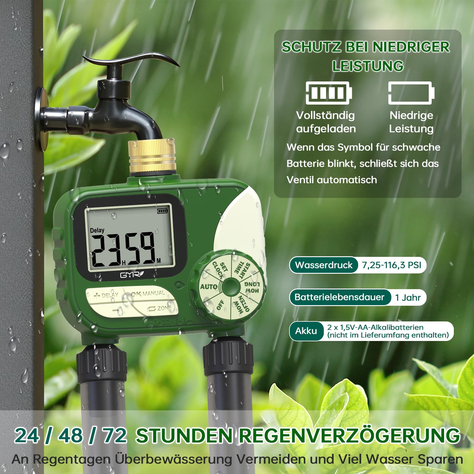 GMR Bewässerungscomputer mit Messingeinlass, Bewässerungssteuerung für Gartenschlauch, Bewässerungsuhr mit Regenverzögerung/Manuell/Automatisch, Bewässerungssystem für Garten, 2 Ausgänge