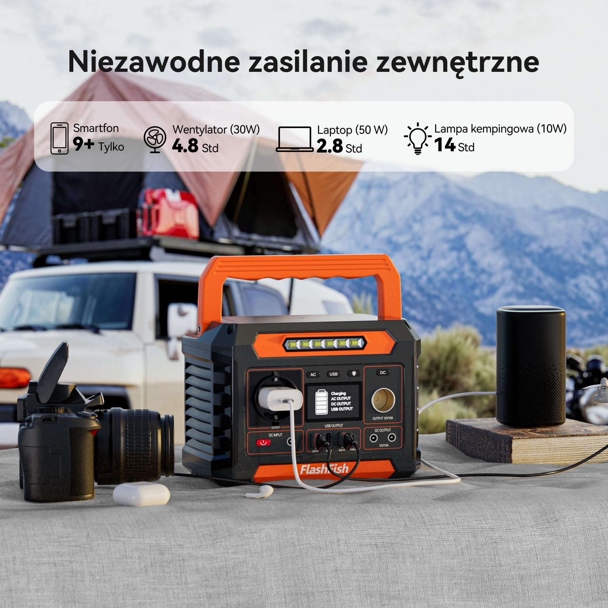 Przenośna elektrownia FlashFish 144,3 Wh z panelem słonecznym 60 W, generatorem słonecznym 200W z oświetleniem 230V AC/typ C/LED, akumulatorem zapasowym do biwakowania, podróży i zasilania awaryjnego