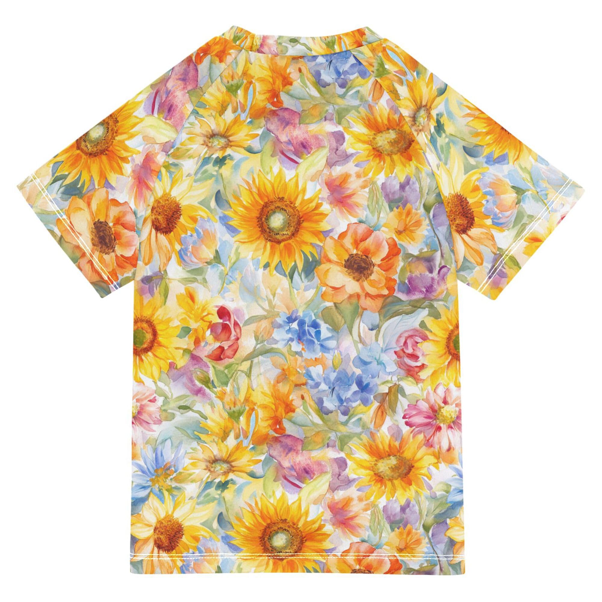 Sunflower Summer Oil Painting Girl Bathing Suit Short Sleeves Girls Rash Guard Top Swimwears Athletic Tops for Little Boy 9-10Y