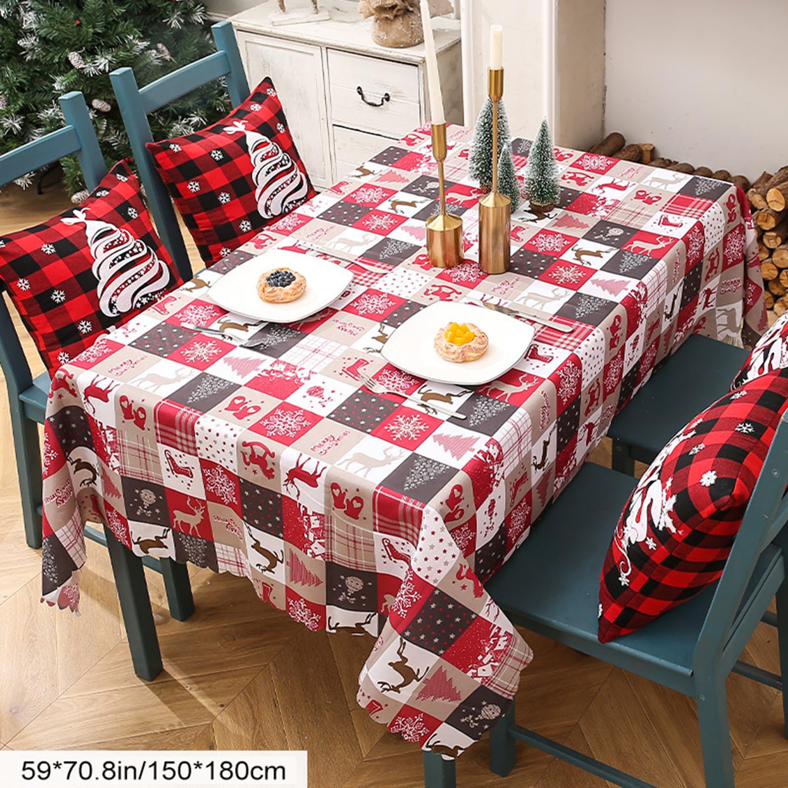 Mantel Rectangular De Navidad Con Diseño De Flores Navideñas Para Mesa De Navidad Con Estampado A Cuadros De Navidad, De Poliéster Mantel Para Invierno, Vacaciones, Navidad, Hogar, Fiesta, Decoración