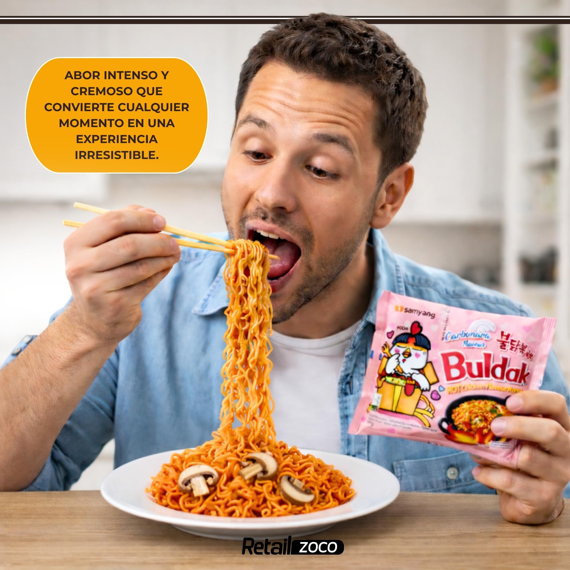 Ramen con fideos salteados con pollo picante Samyang Buldak, Hot Chicken Ramen Carbonara, Hot chicken ramen instantáneo muy rico y picante, Sabor a carbonara, Pack 5 paquetes de 130g cada uno