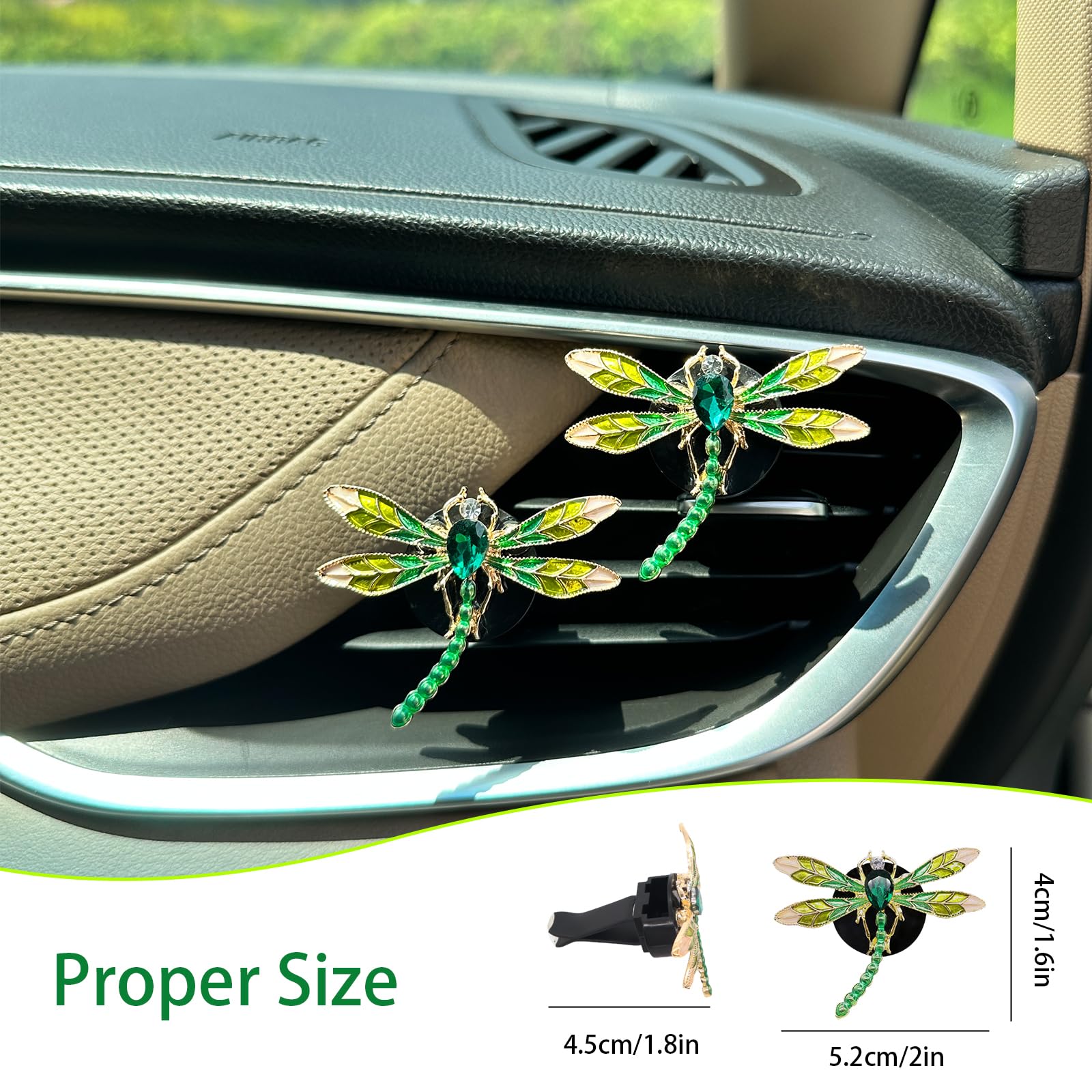 ORIESSE Bling Dragonfly - Ambientador de coche con clips de ventilación, 2 piezas de glamurosas libélulas verdes, bonitos accesorios para coche, difusor de coche recargable, elegante decoración de