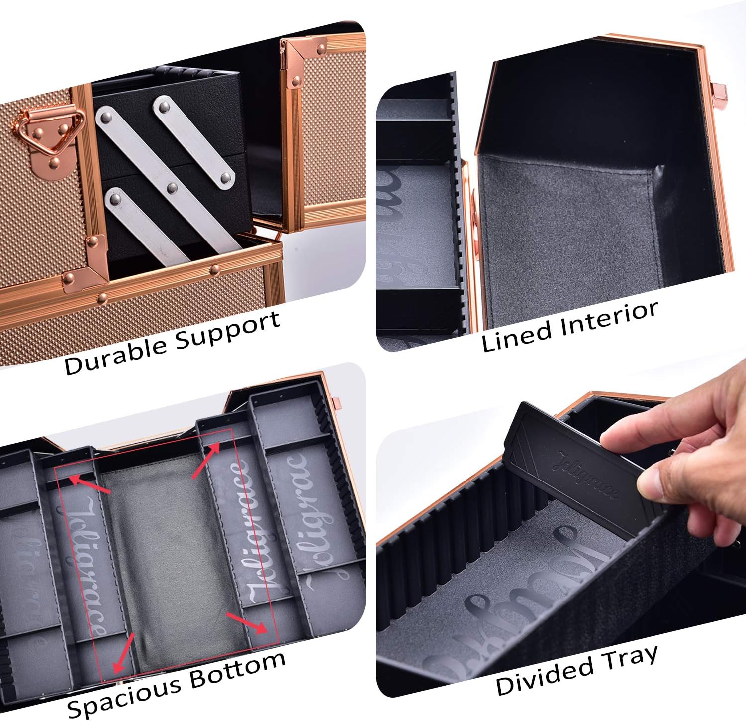 Joligrace Makeup Train Case Professional - 13.5 Inch Portable Artist Lockable Aluminum Cosmetic Organizer Storage Box with 4 Adjustable Dividers Trays 2 Locks and Shoulder Strap Rose Gold : Beauty & Personal Care