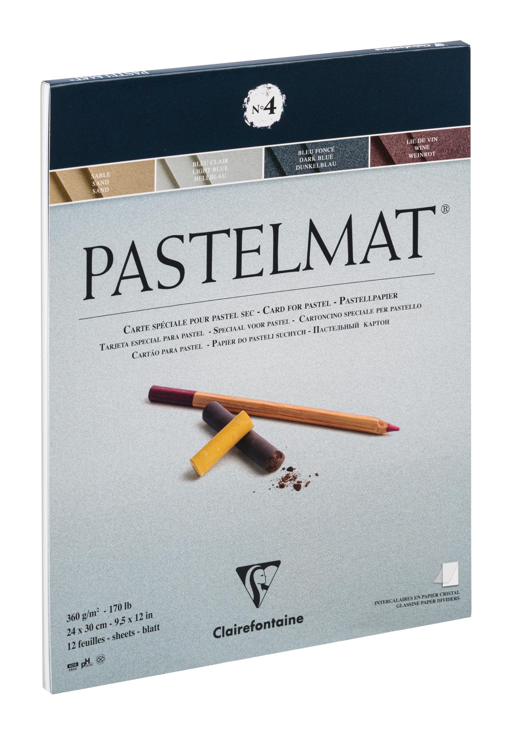 Clairefontaine - Ref 96111C - Pastelmat Pastel Card Pad No.4 (12 Sheets) - 360gsm Card - 24 x 30cm - Assorted Colours - Specially Formulated For Use With Pastels