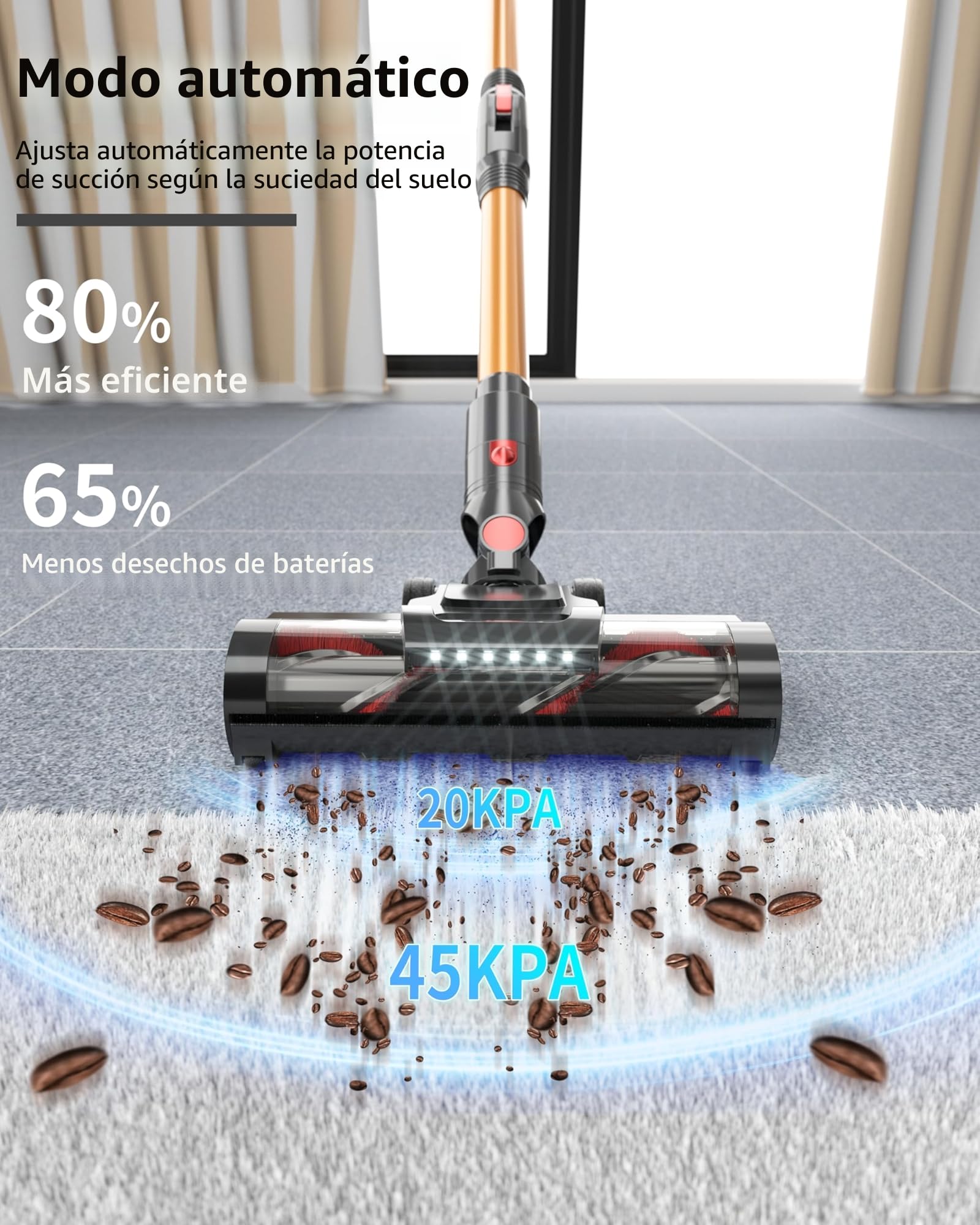 PRETTYCARE 45KPA/530W/60Mins Aspiradora sin Cable, Aspirador Escoba sin Cable Potente Modo Automático, Aspirador Inalámbrico Antienredo para Suelo/Alfombra/Pelos de Animales V3,2025 Actualización