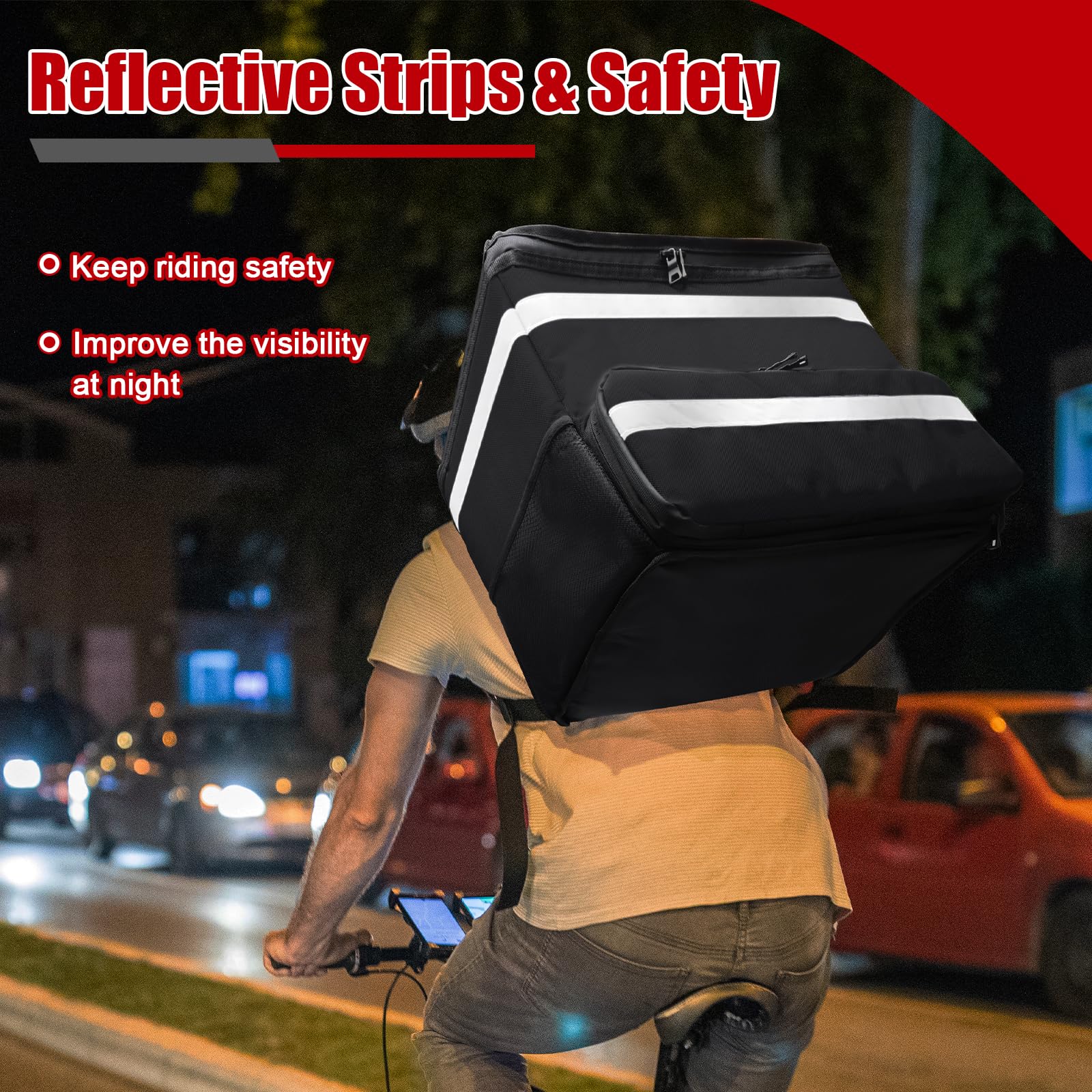 Lebensmittel-Lieferrucksack für Fahrrad, erweiterbare Pizzataschen für die Lieferung mit 2 Taschen/2 Stützbrettern/reflektierendem Streifen, isolierter Lieferrucksack für Lebensmittel